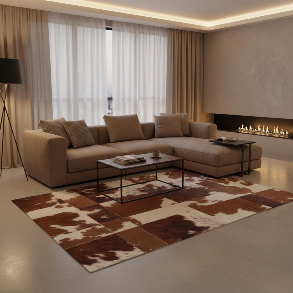 Kahverengi ve Beyaz Desenli Dana Derisi Patchwork Halı – El Yapımı Doğal Deri Dekoratif Halı