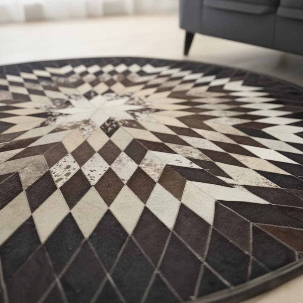 Siyah, Kahverengi ve Krem Yuvarlak Dana Derisi Patchwork Halı