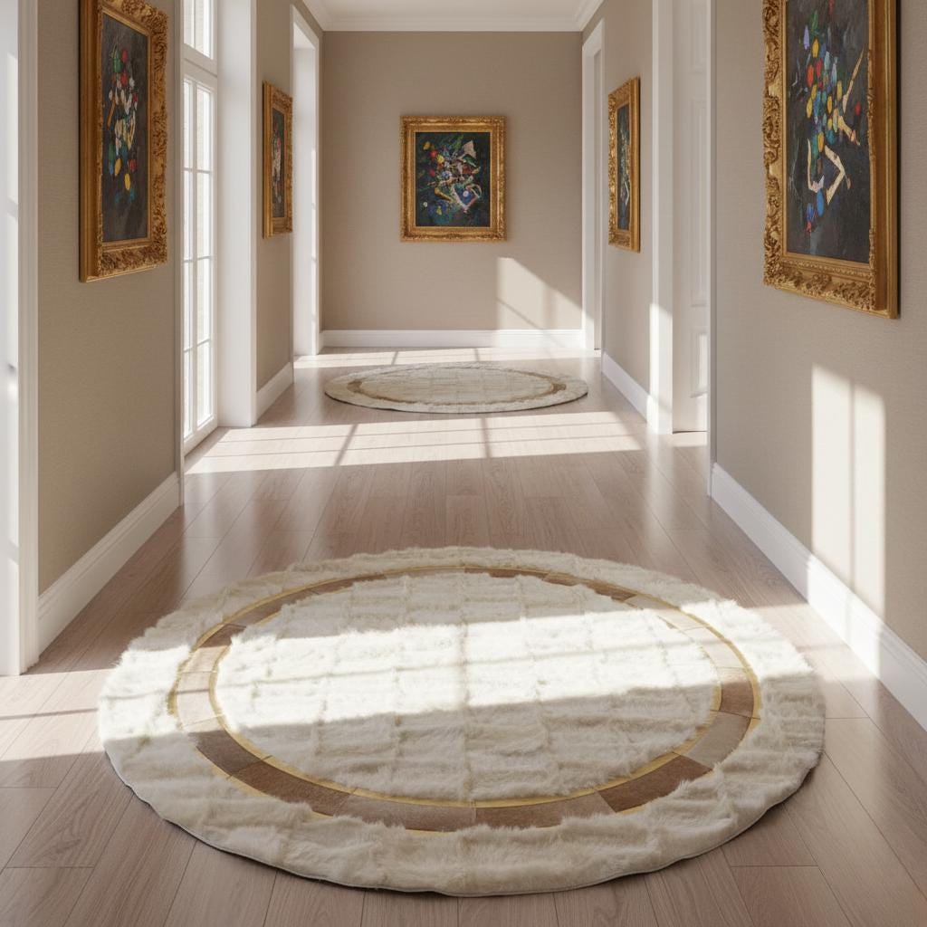 Beyaz Zeminli Açık Kahverengi Çember Detaylı Yuvarlak Toskana Halı