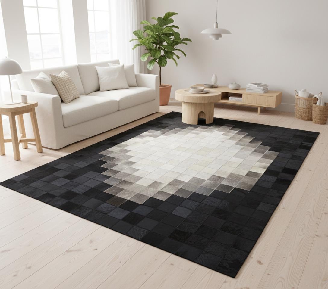 Gri, Beyaz ve Siyah Tonlu Dana Derisi Patchwork Halı