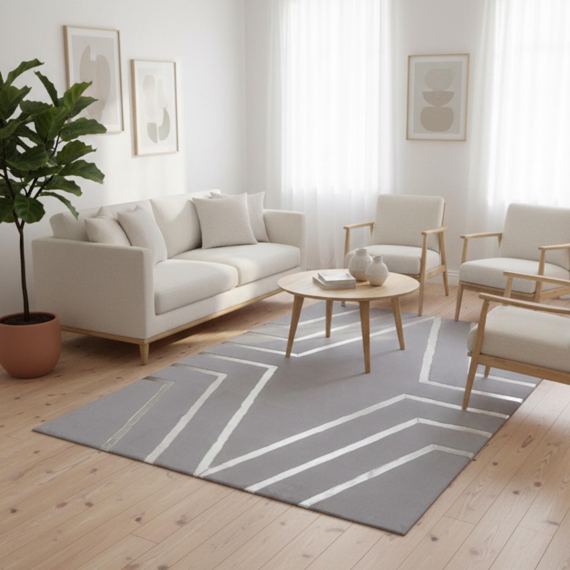 Gri Zeminli Silver Çizgi Desenli Peluş Halı – Yumuşak Dokulu, Modern ve Dekoratif Halı