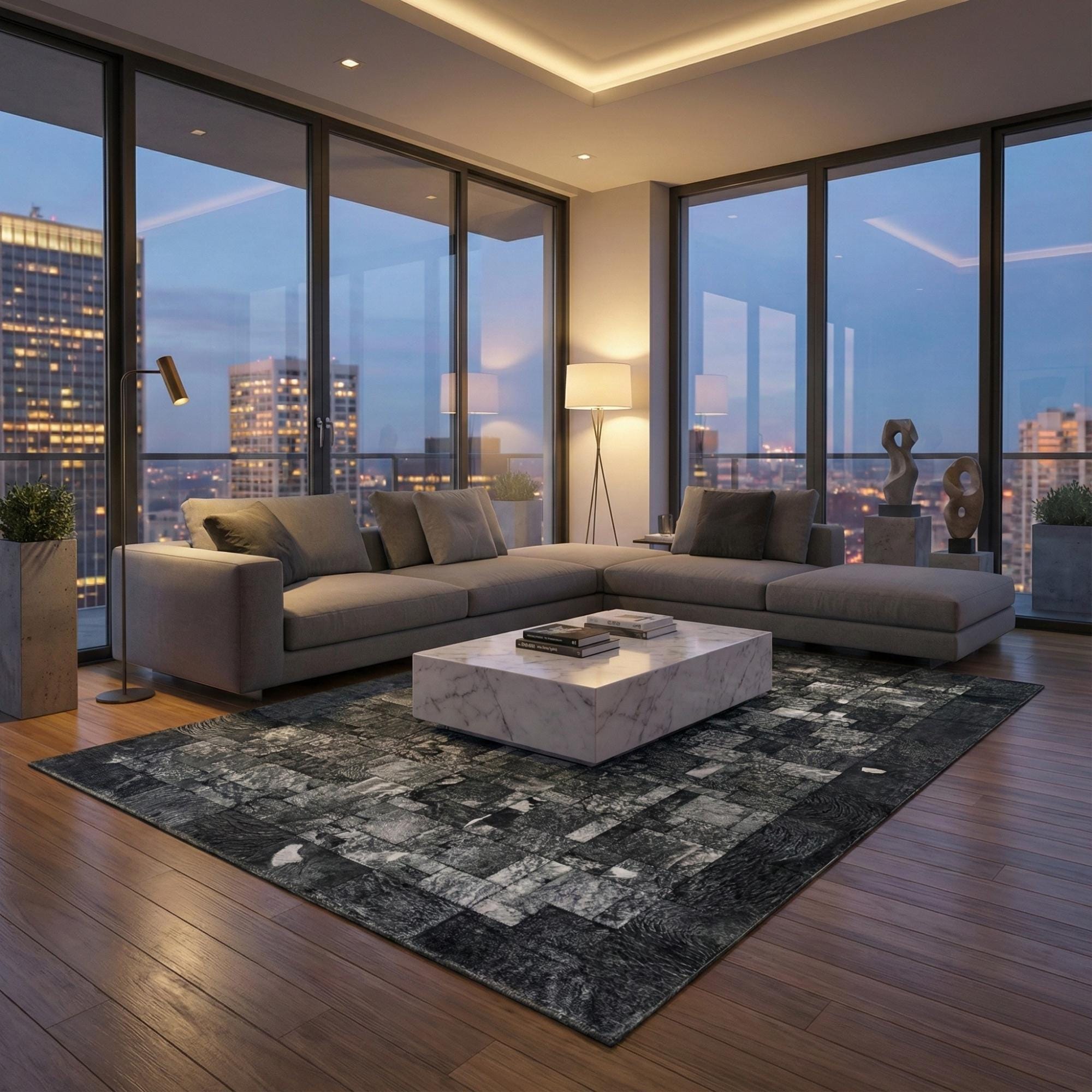 Koyu Gri Tonlu Dana Derisi Patchwork Halı – El Yapımı Doğal Deri Dekoratif Halı