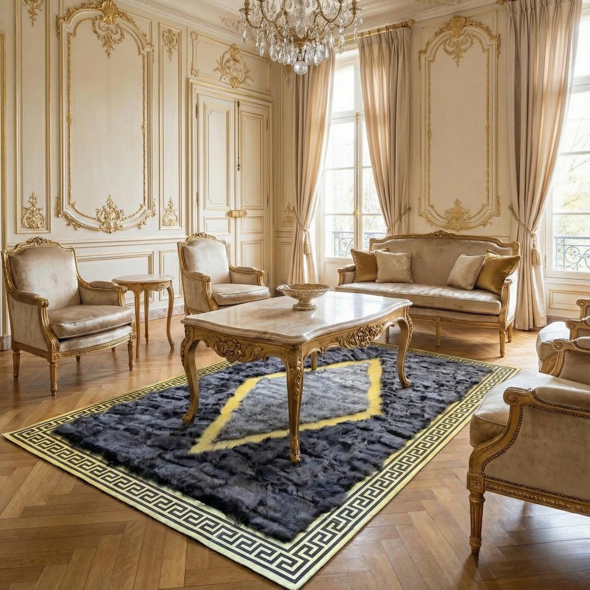 Altın Bordürlü Gri Toscana Kürk Salon Halısı – Klasik ve Lüks Tasarım