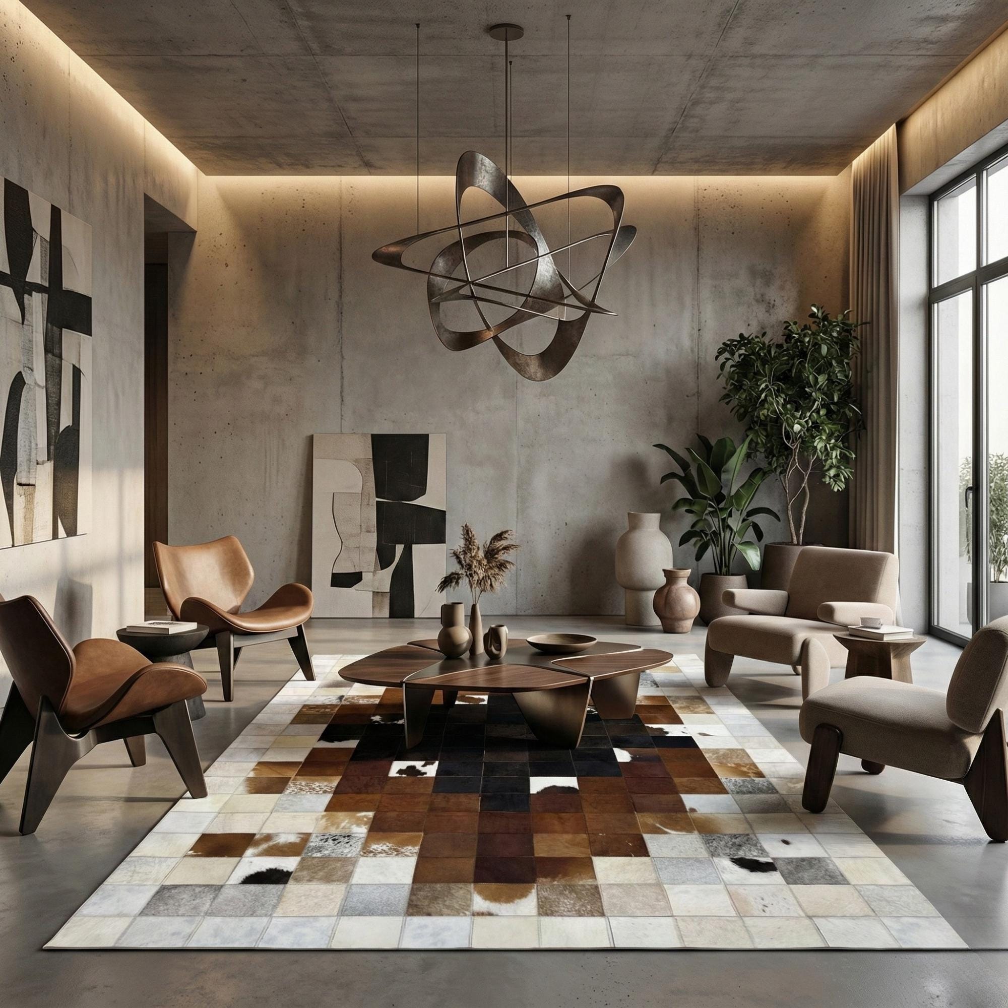 Kahverengi ve Bej Tonlu Dana Derisi Patchwork Halı – El Yapımı Doğal Deri Dekoratif Halı