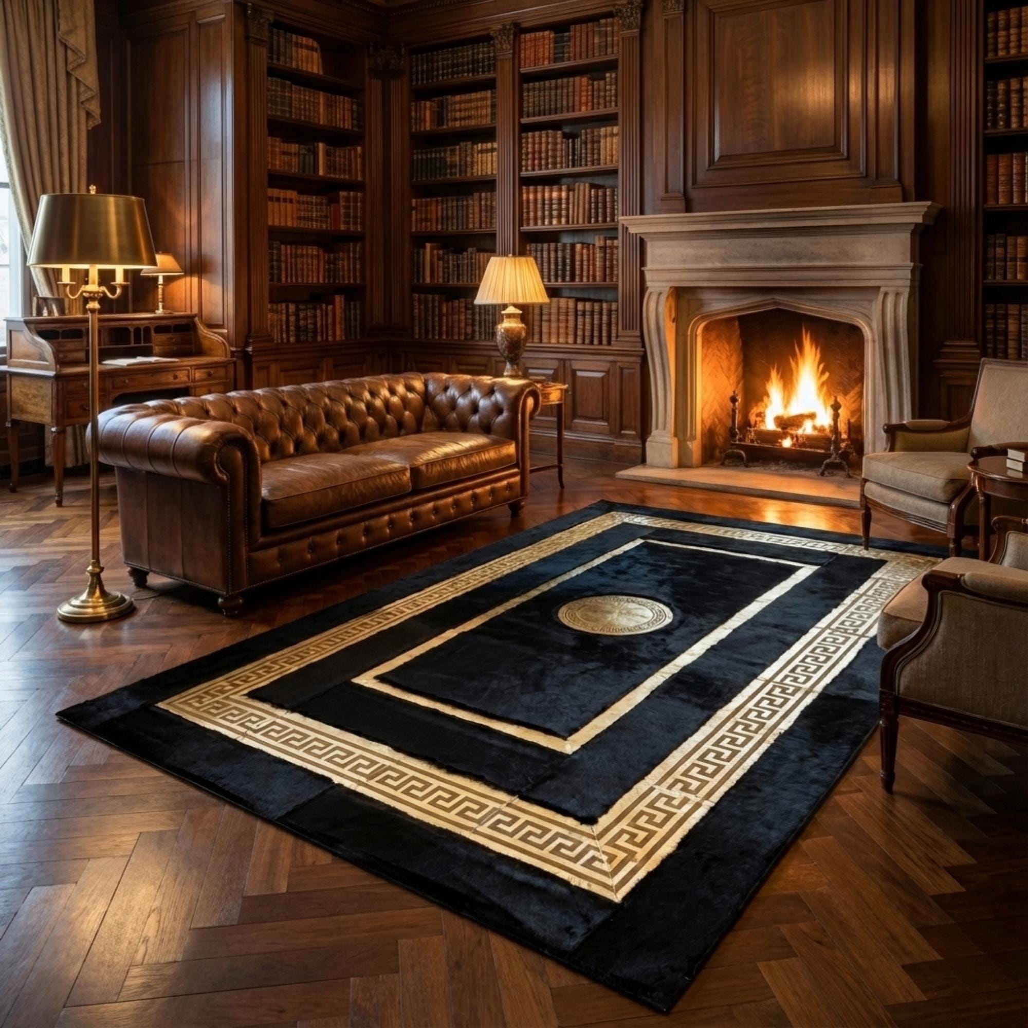 Siyah Altın Bordürlü Peluş Halı – Yumuşak Dokulu, Şık ve Modern Dekoratif Halı