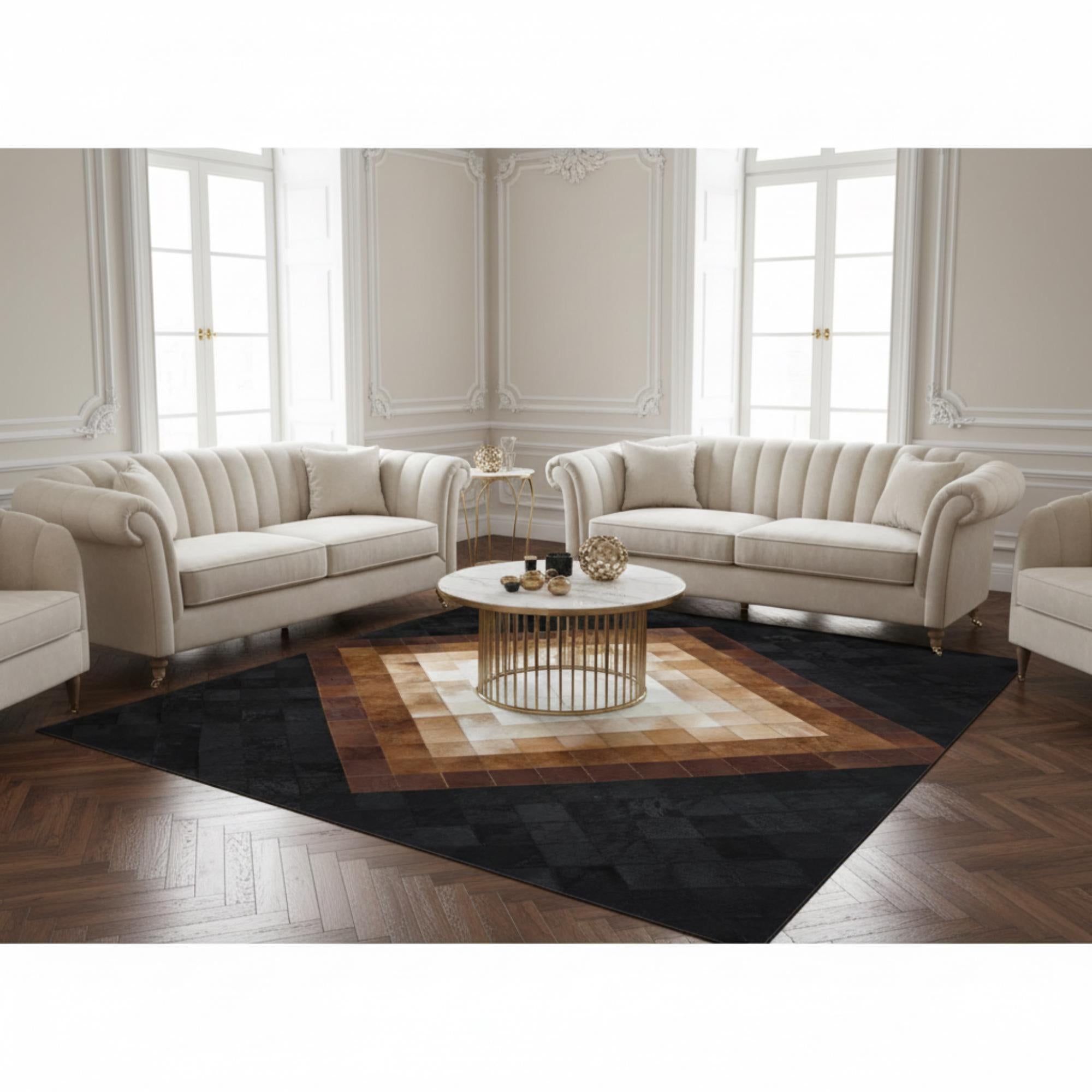 Bej, Kahverengi ve Siyah Koyu Tonlu Dana Derisi Patchwork Halı – El Yapımı Doğal Deri Dekoratif Halı