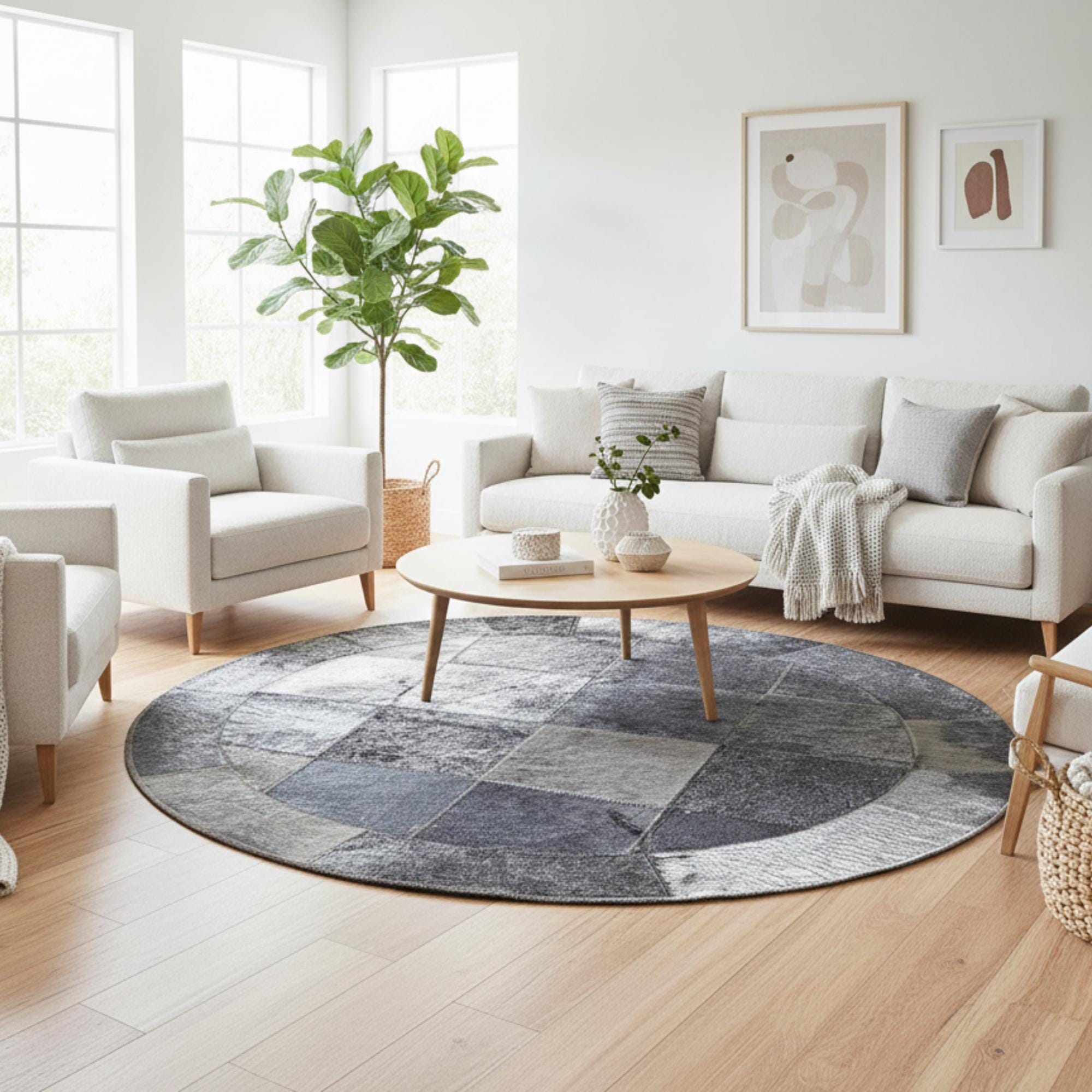 Gri Tonlarında Yuvarlak Dana Derisi Patchwork Halı – El Yapımı, Doğal Deri ve Dekoratif Halı