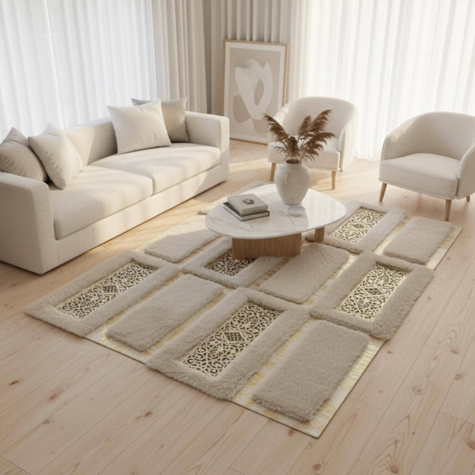 Beyaz Zeminli Dikdörtgen Altın Desenli Peluş Halı – Yumuşak Dokulu