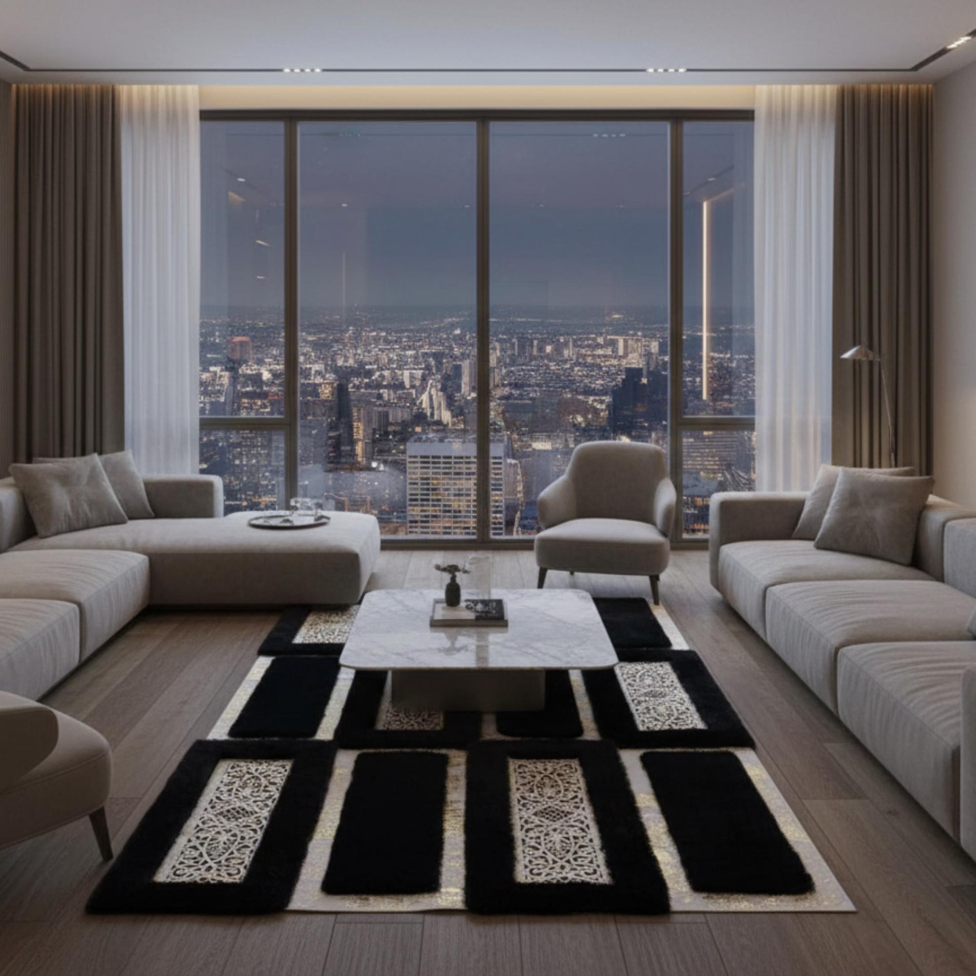 Siyah Zeminli Gri, Silver Dikdörtgen Blok Desenli Peluş Halı