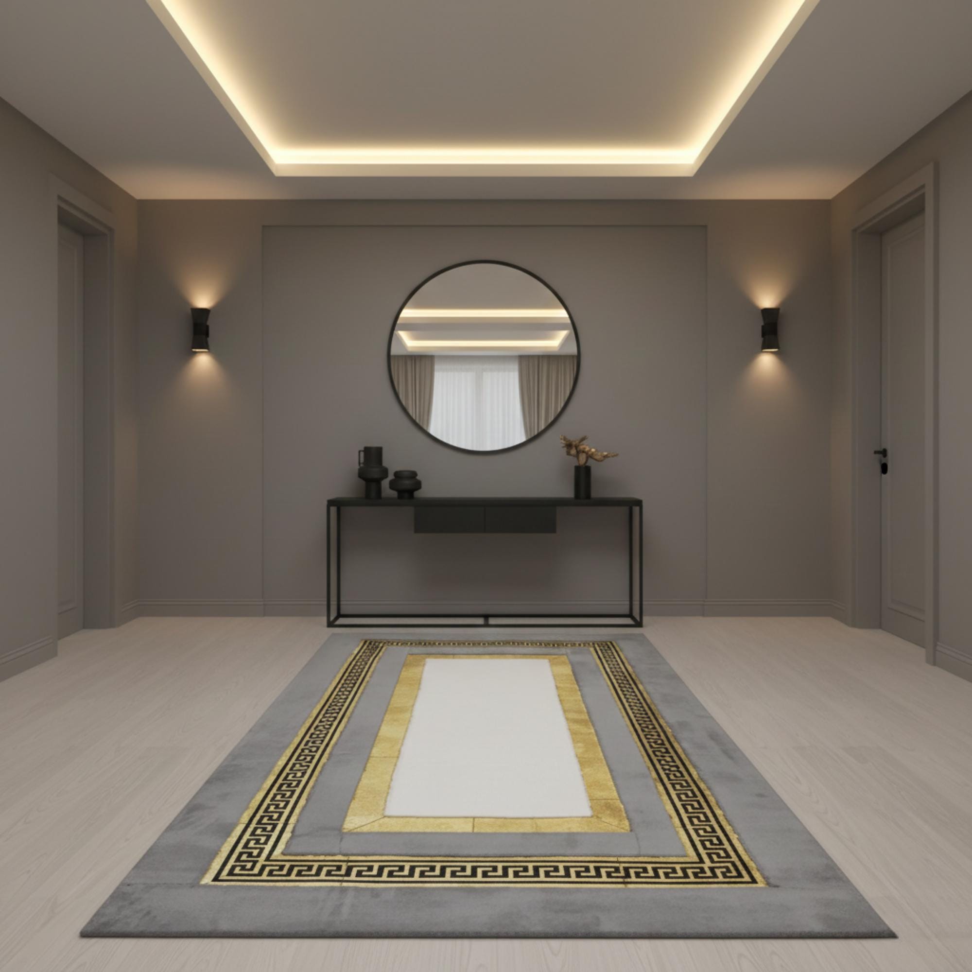 Gri Zeminli Altın Klasik Bordür Detaylı Peluş Halı – Yumuşak Dokulu, Şık ve Dekoratif Halı