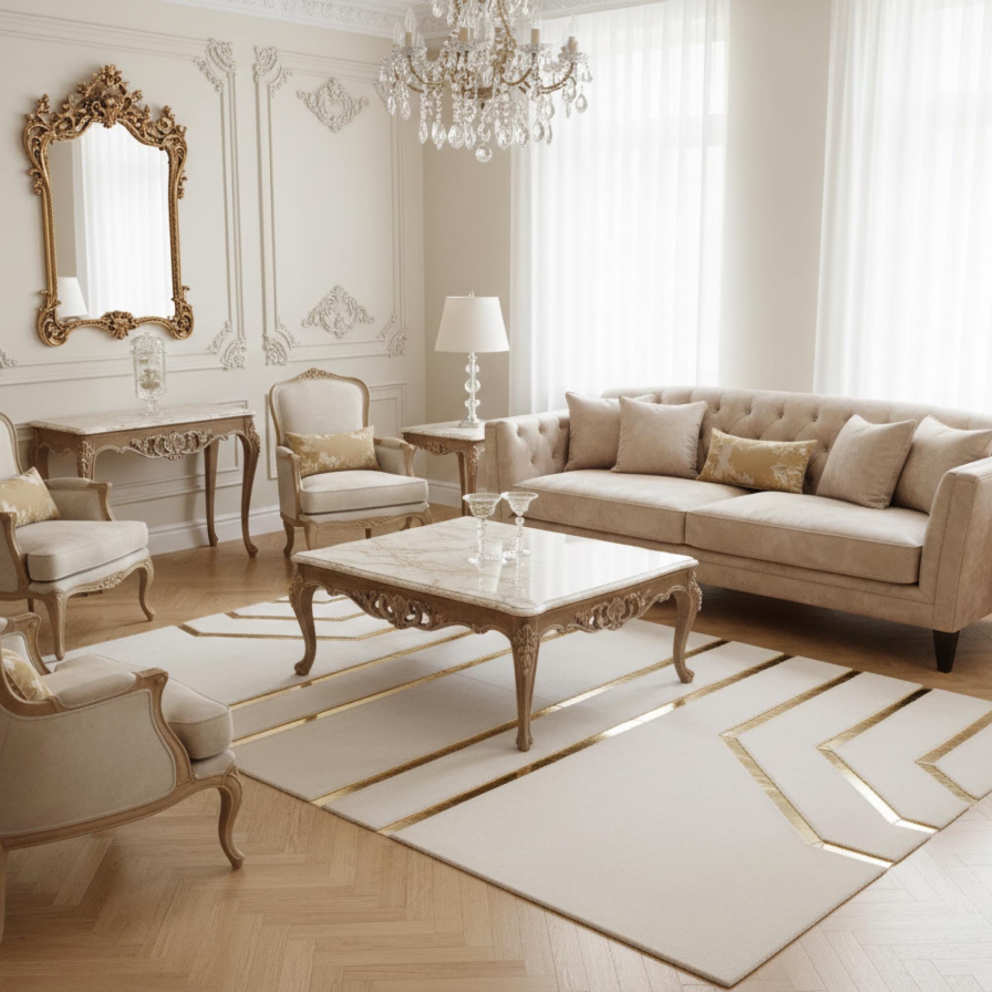 Beyaz Zeminli Altın Geometrik Çizgi Detaylı Peluş Halı – Yumuşak Dokulu