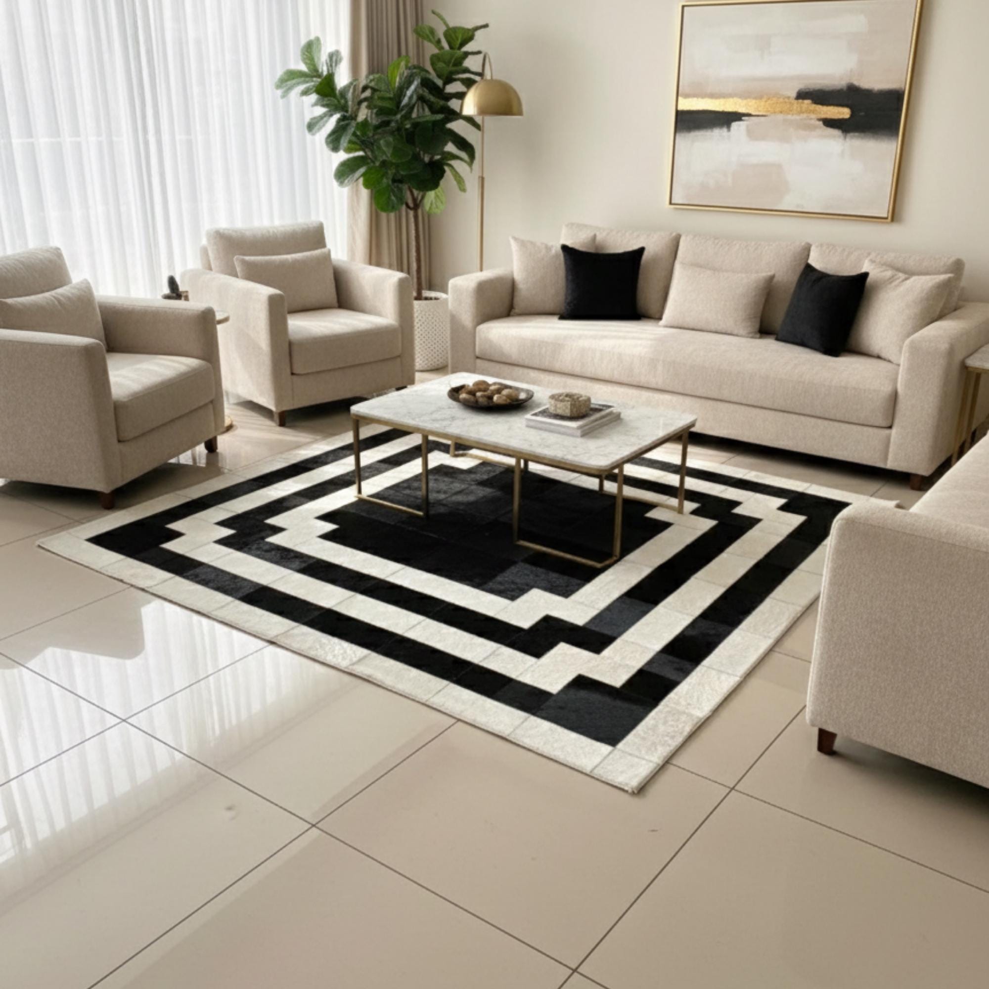 Siyah ve Beyaz Bordürlü Dana Derisi Patchwork Halı – El Yapımı Doğal Deri Dekoratif Halı