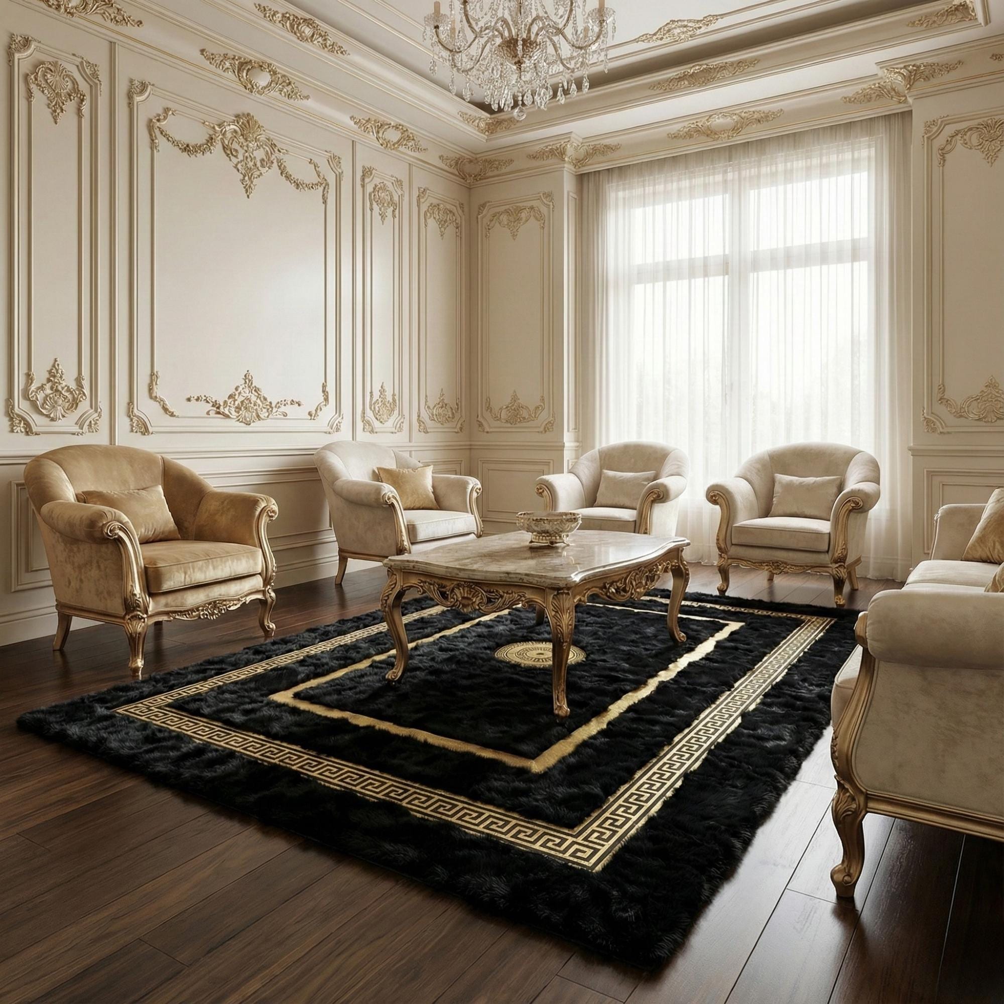 Siyah Altın Bordorlü Toskana Kürk Salon Halısı – Klasik ve Lüks Tasarım