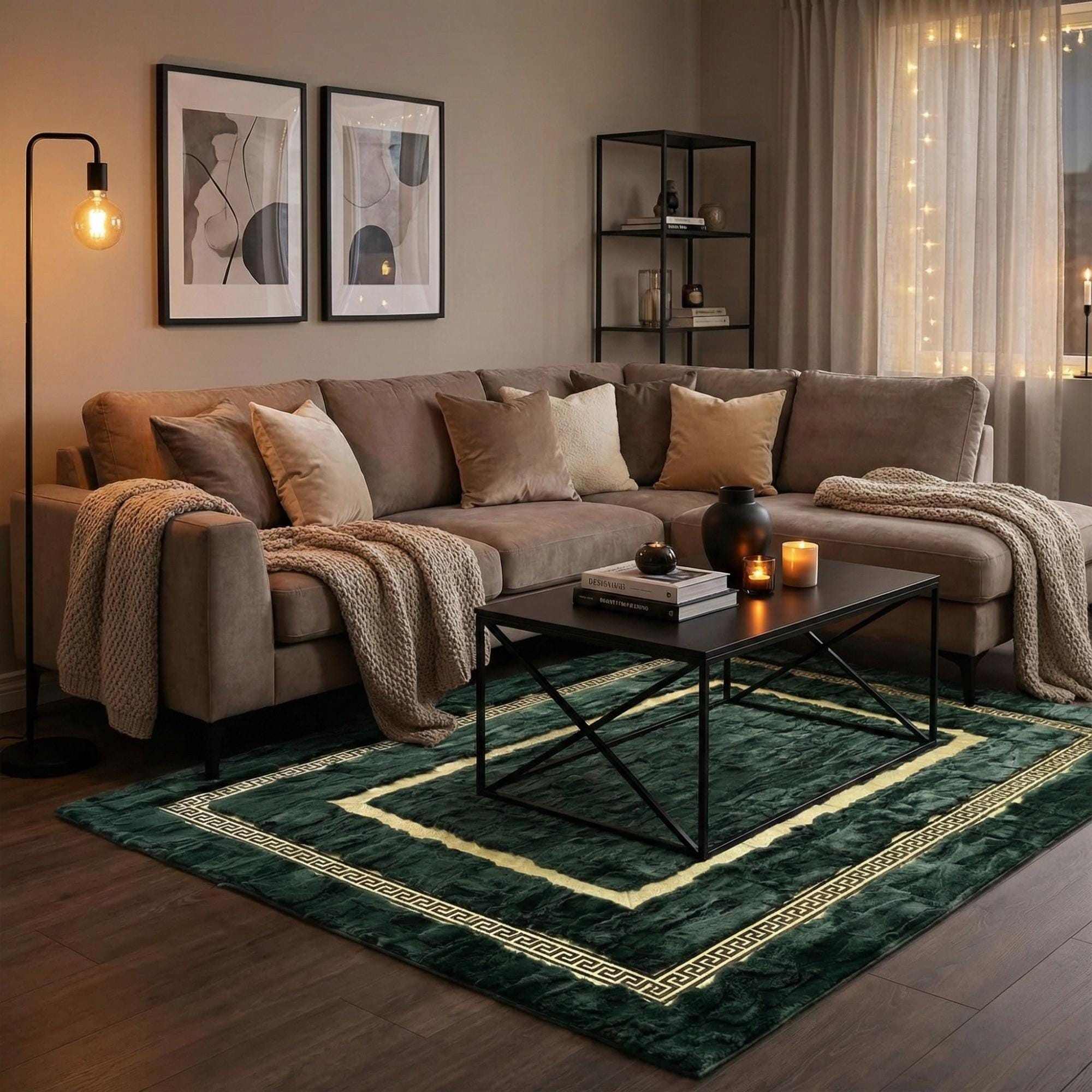 Altın Bordürlü Yeşil Rex Tavşan Kürkü Salon Halısı – Klasik ve Lüks Tasarım