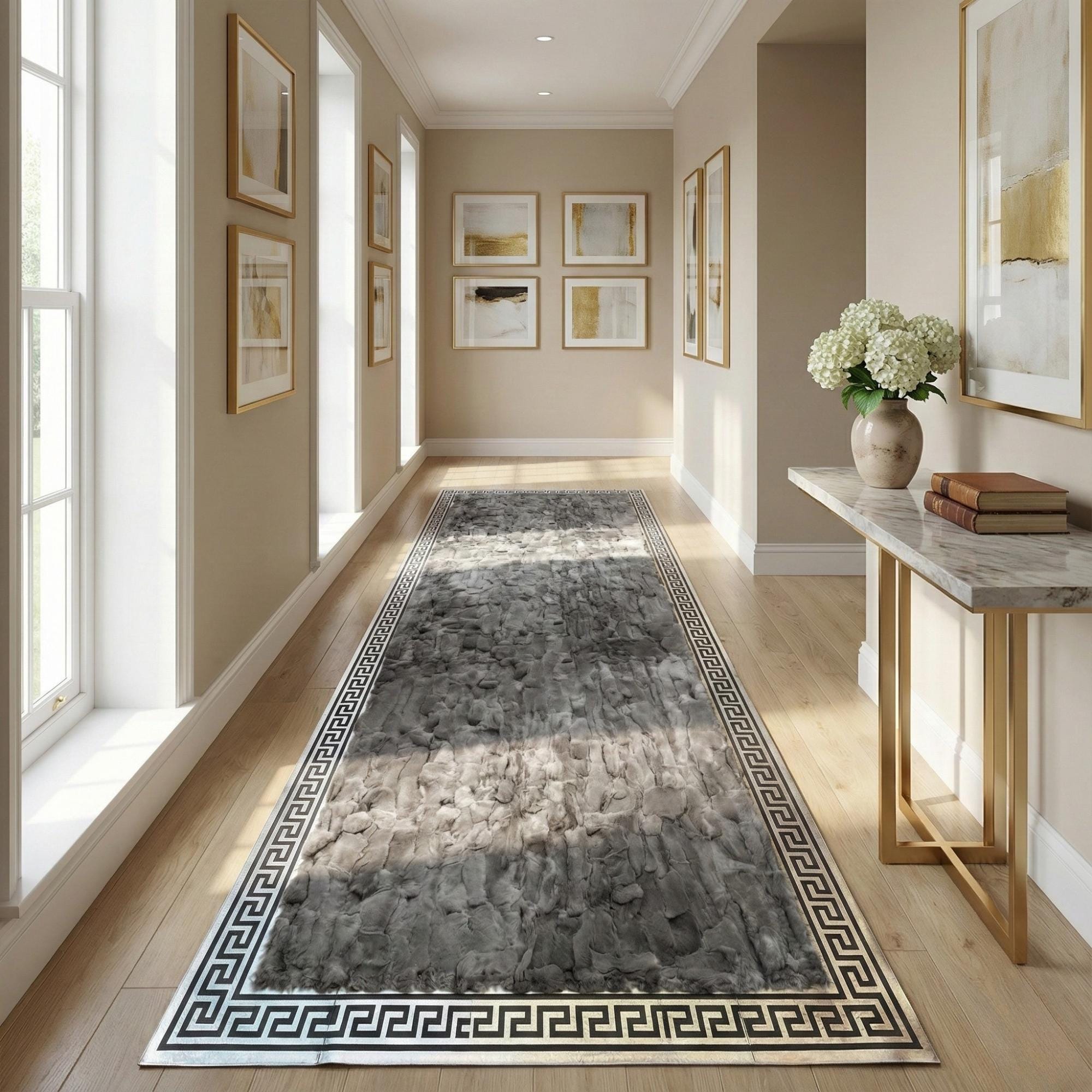 Gri Geometrik Bordürlü Rex Tavşan Kürkü Salon Halısı – Modern ve Şık Tasarım