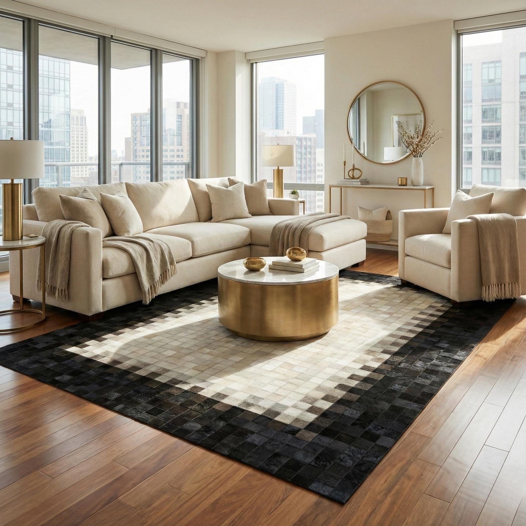 Siyah ve Beyaz Tonlu Dana Derisi Patchwork Halı – El Yapımı Doğal Deri Dekoratif Halı