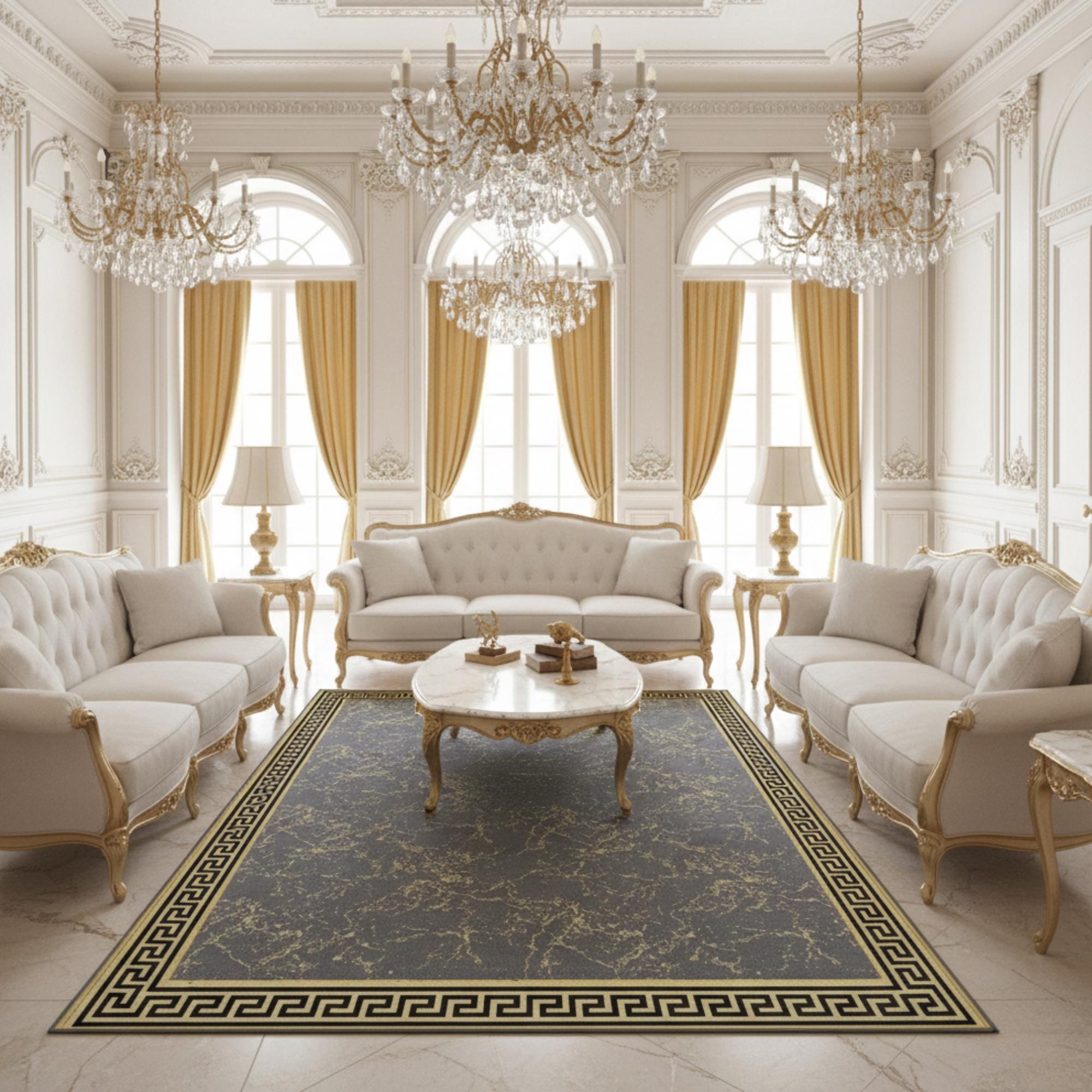 Gri Zeminli Altın Klasik Bordürlü Peluş Halı – Yumuşak Dokulu, Şık ve Dekoratif Halı