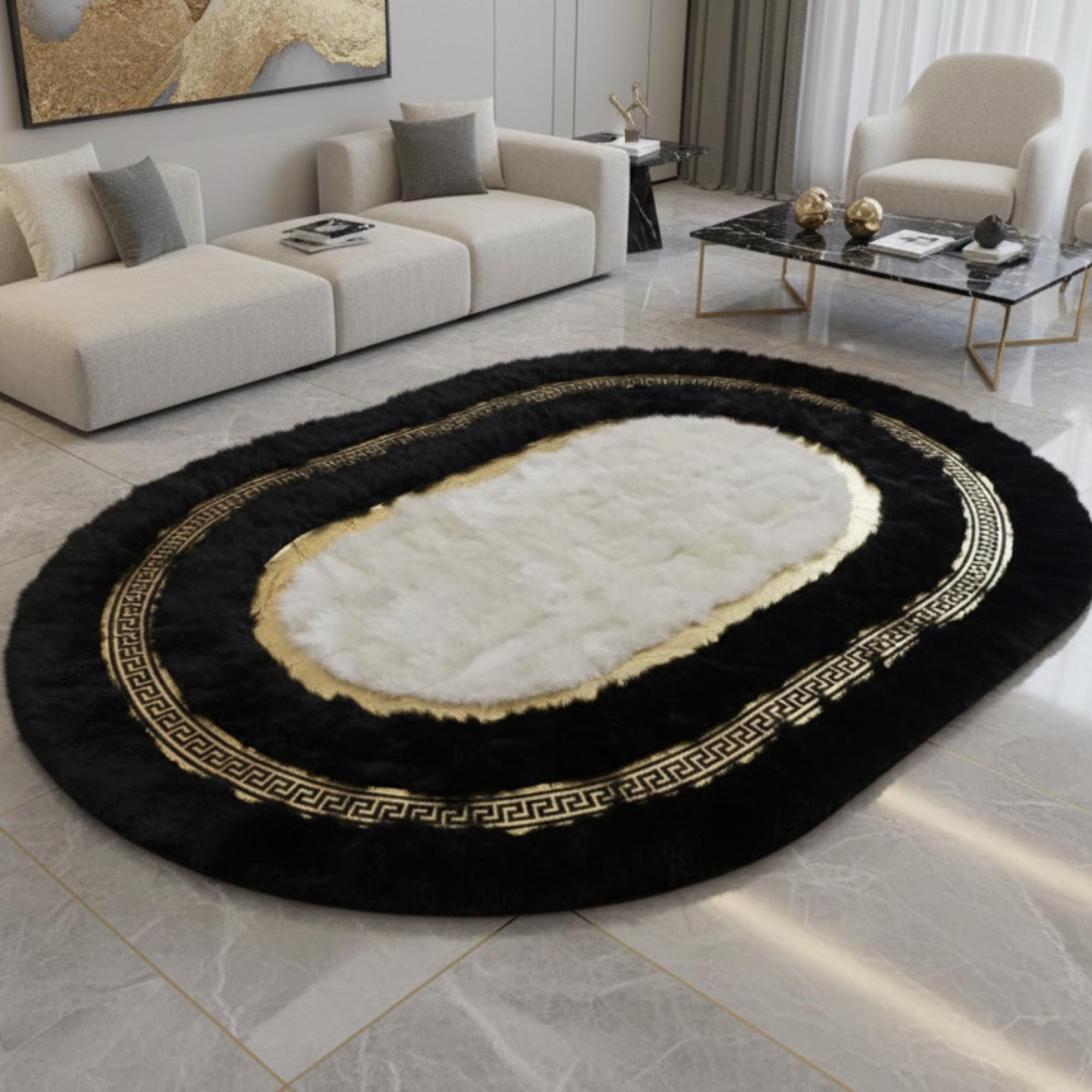 Siyah Zeminli Beyaz Merkezli Altın Motif Bordürlü Oval Peluş Halı