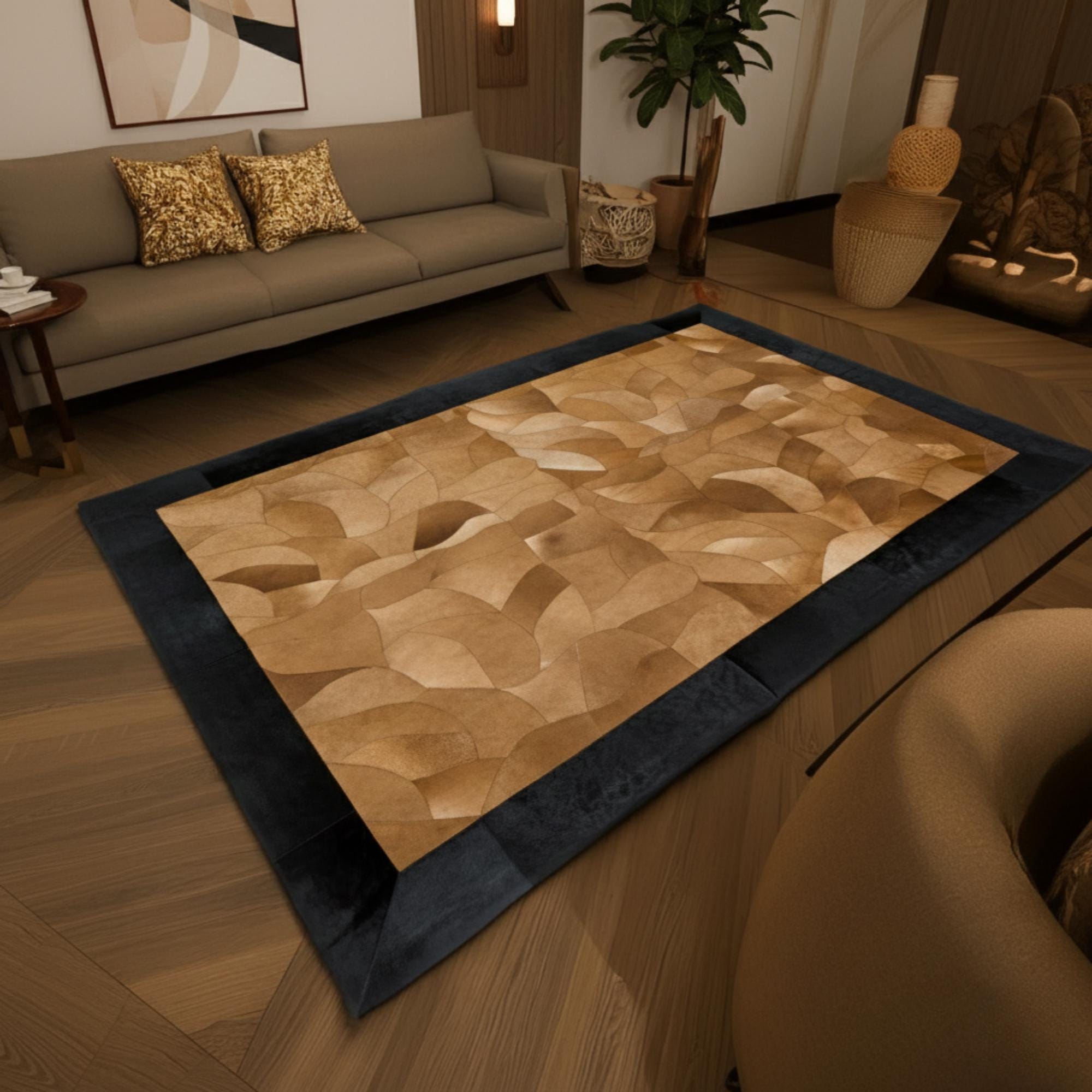 Açık Kahverengi, Taba ve Siyah Çerçeveli Dana Derisi Patchwork Halı