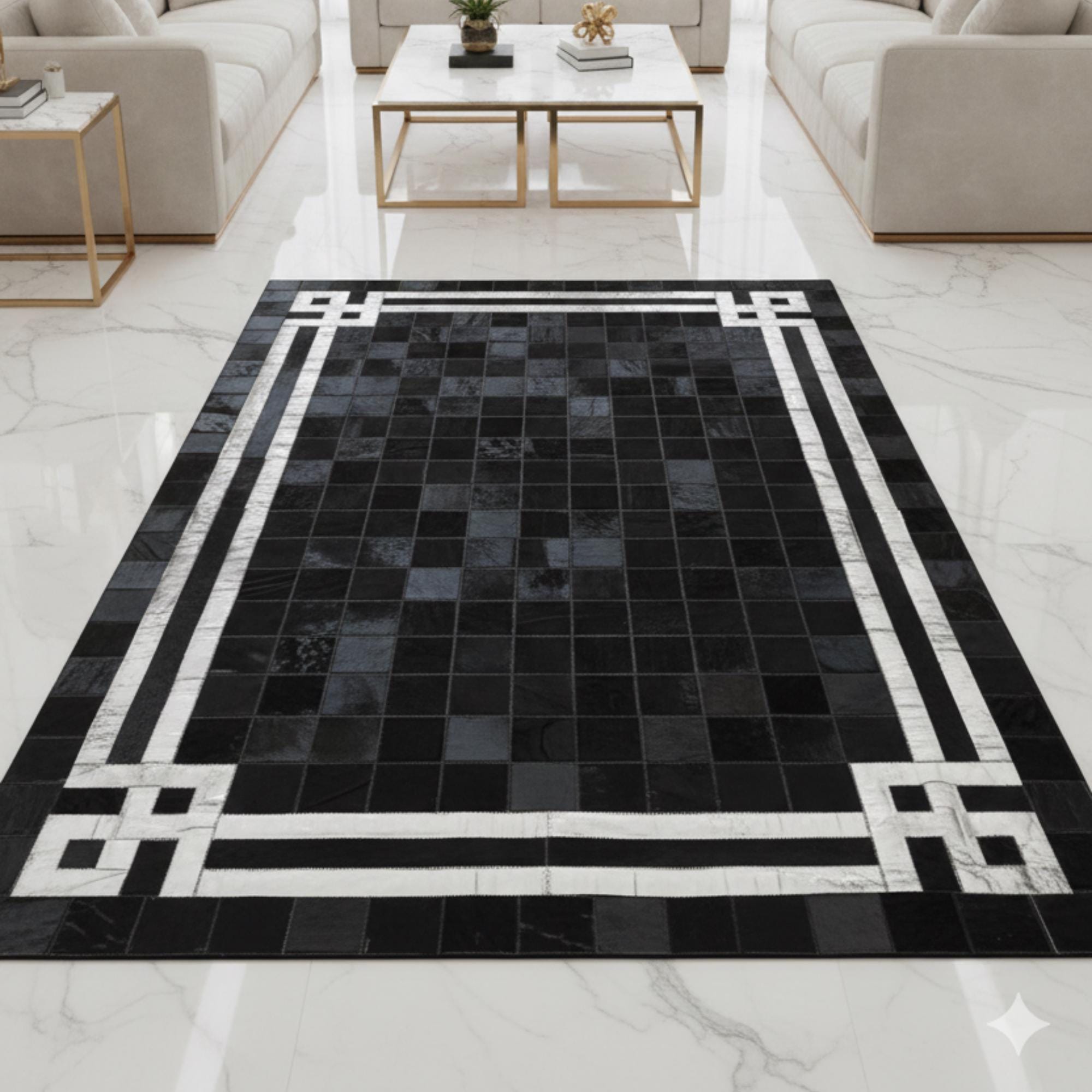 Siyah ve Beyaz Bordürlü Dana Derisi Patchwork Halı – El Yapımı Doğal Deri Dekoratif Halı