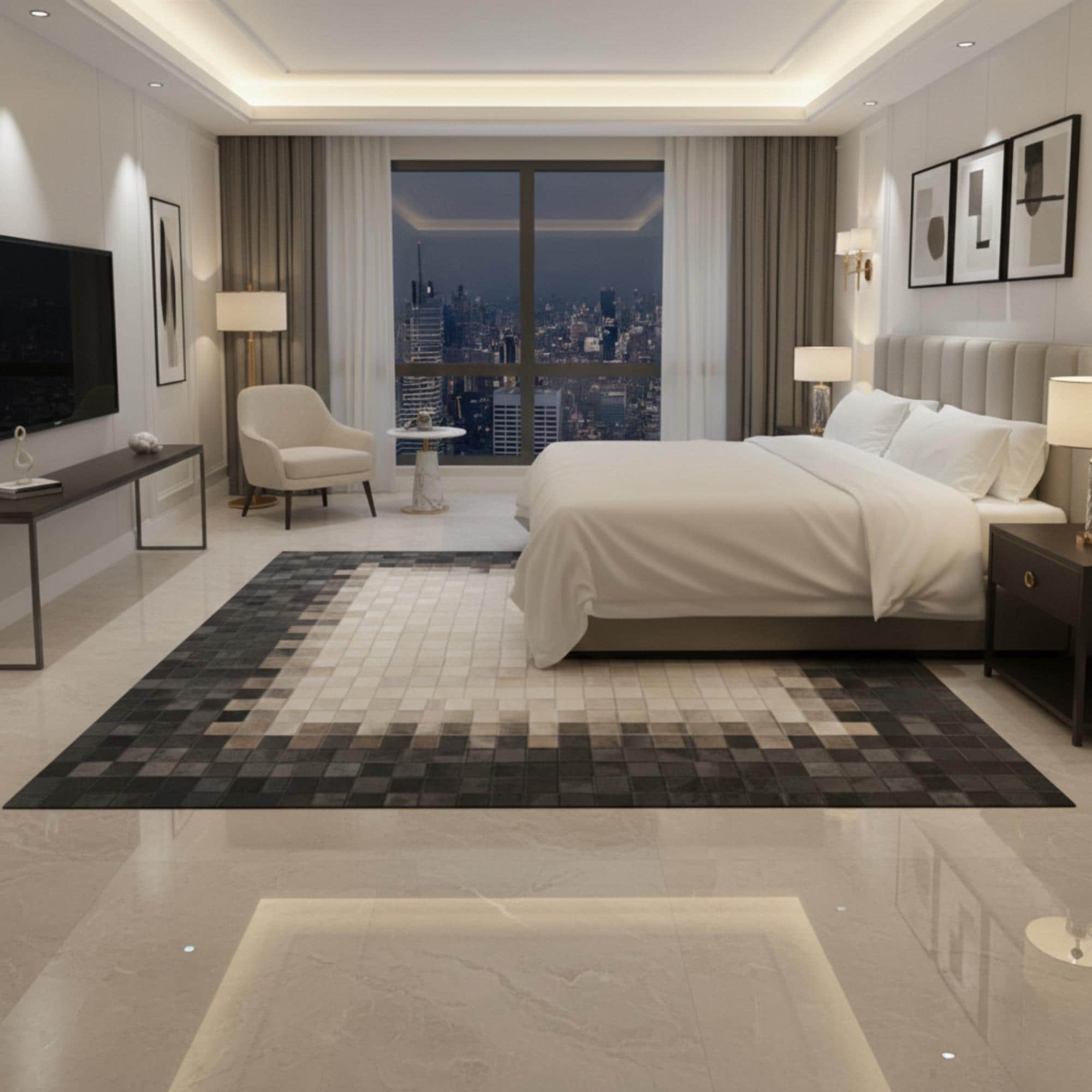 Bej ve Koyu Gri Tonlu Dana Derisi Patchwork Halı – El Yapımı Doğal Deri Dekoratif Halı