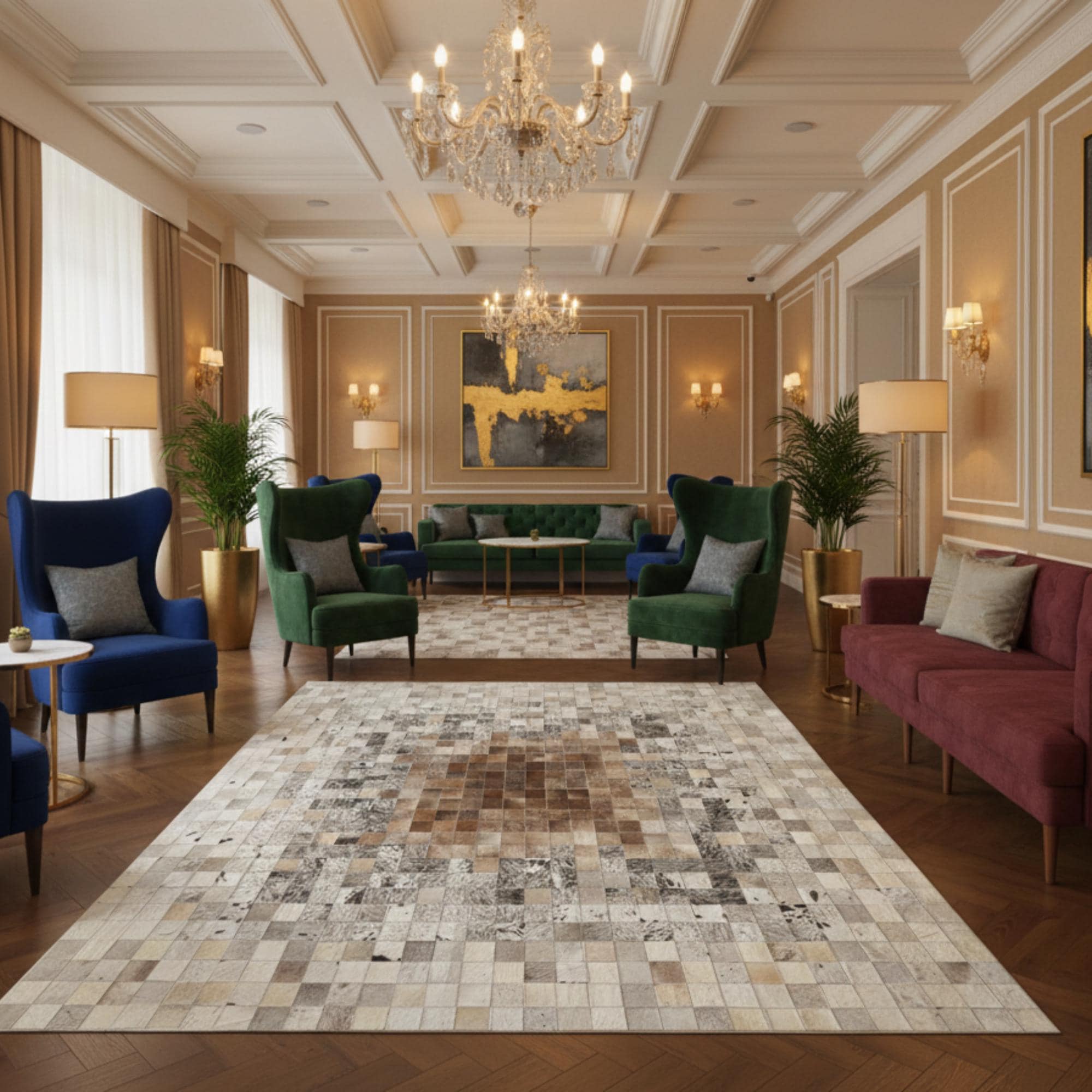 Bej ve Kahverengi Tonlu Dana Derisi Patchwork Halı