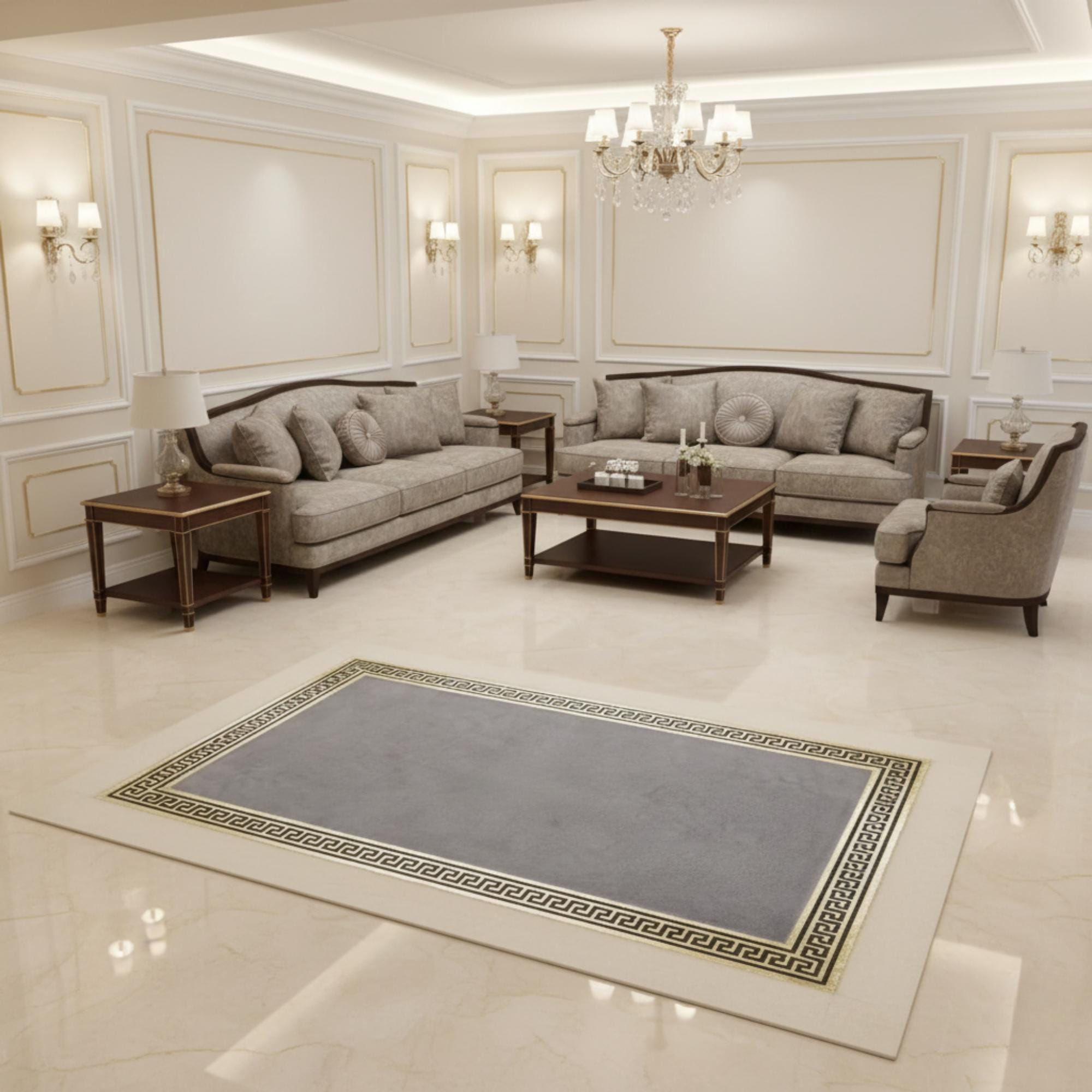 Gri Zeminli Altın Klasik Bordür Detaylı Peluş Halı – Yumuşak Dokulu, Şık ve Dekoratif Halı