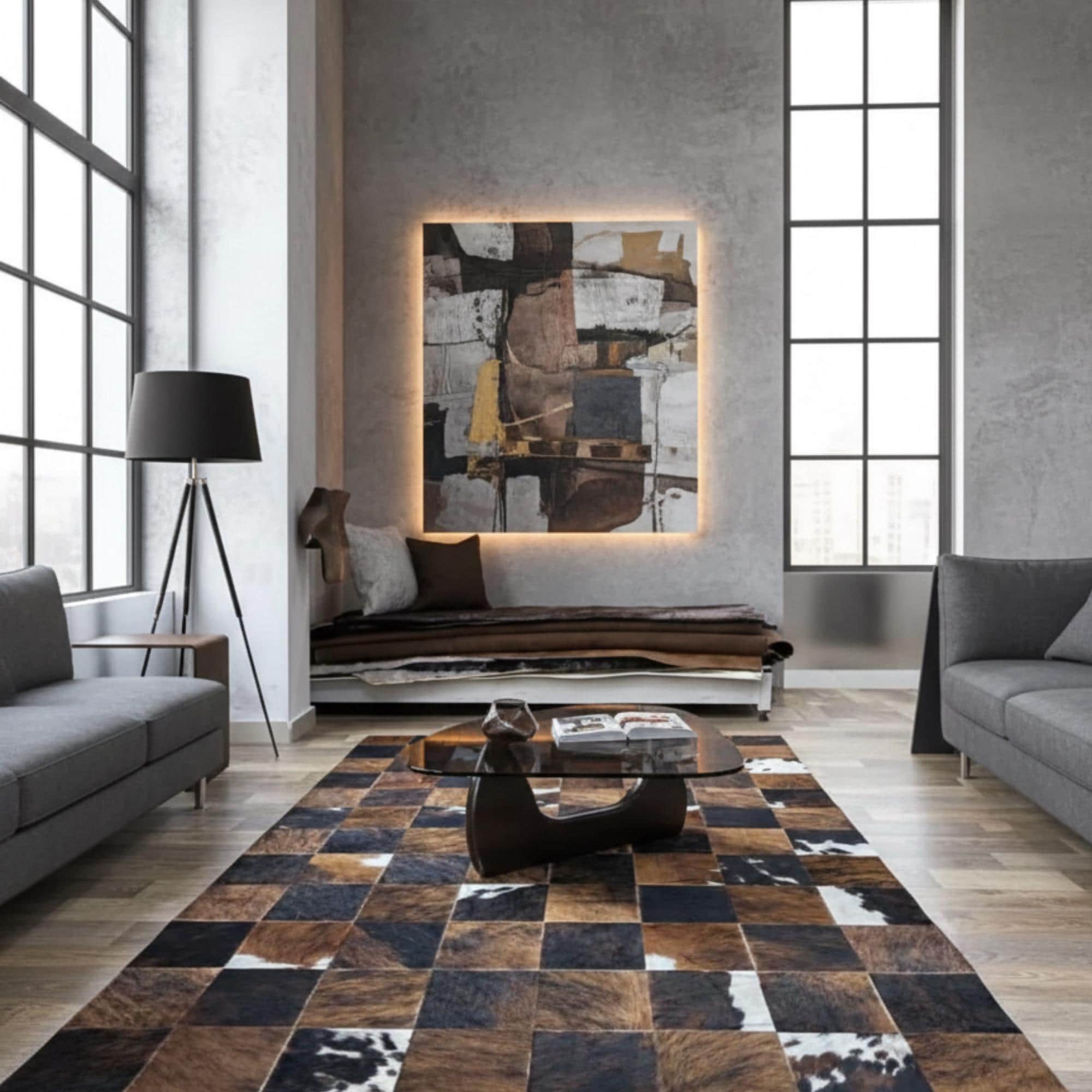 Kahverengi ve Siyah Tonlu Dana Derisi Patchwork Halı