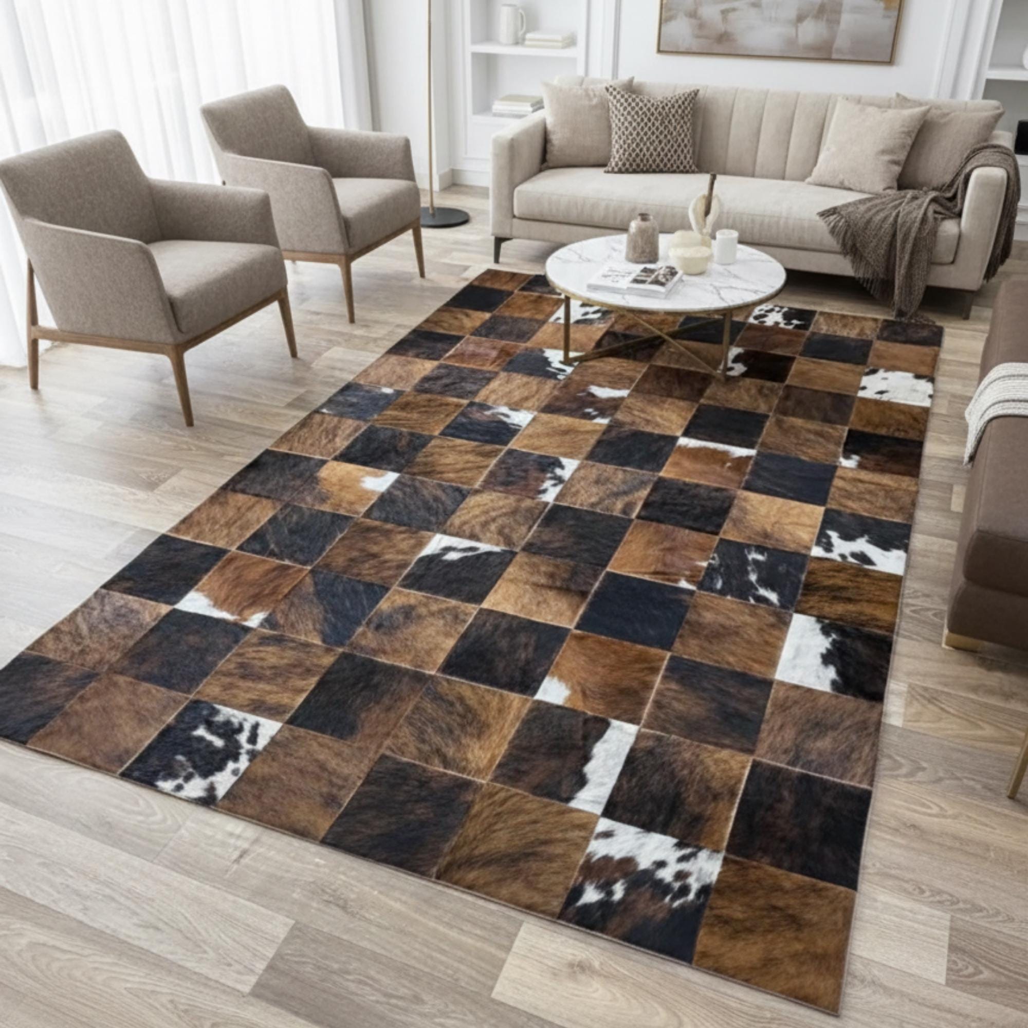 Kahverengi ve Siyah Tonlu Dana Derisi Patchwork Halı