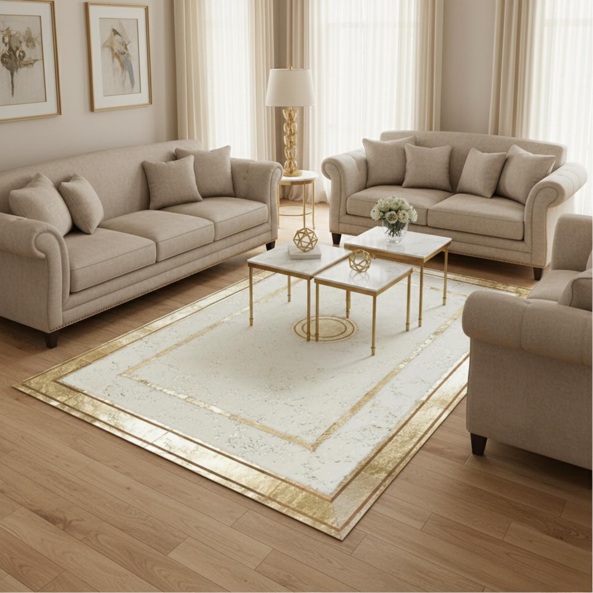 Beyaz Zeminli Altın İnce Bordür Detaylı Peluş Halı