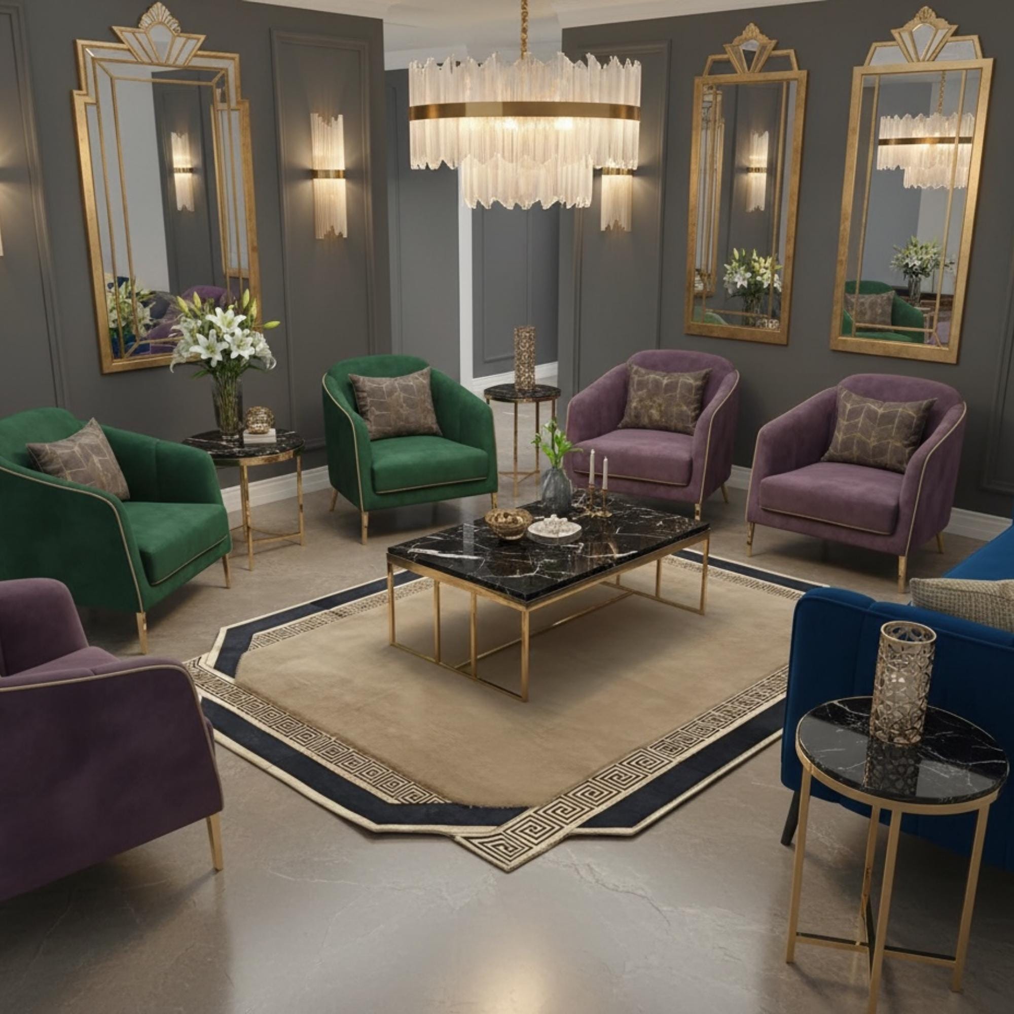 Krem Zeminli Siyah Koyu Bordürlü Çokgen Formlu Peluş Halı