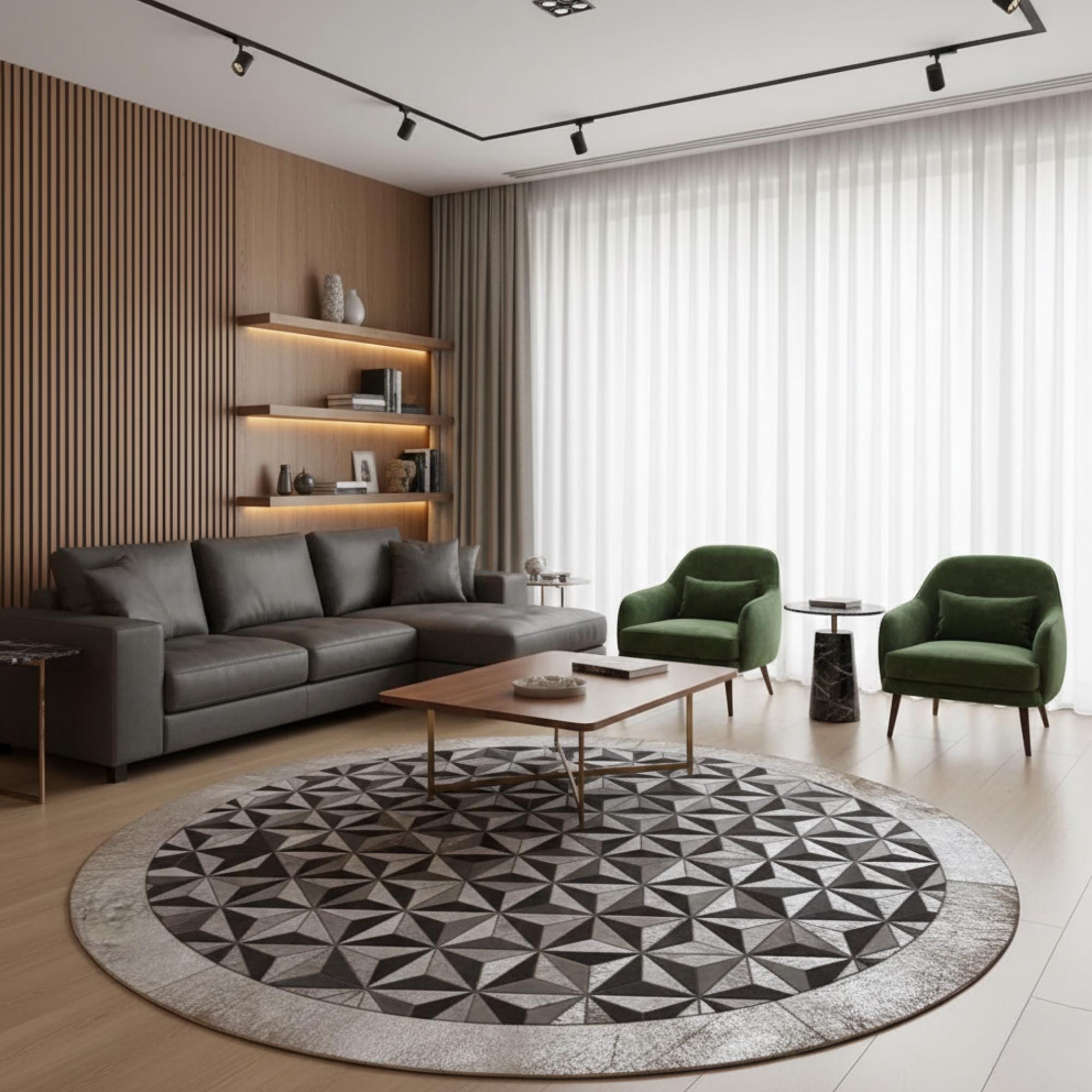 Krem, Gri ve Siyah Tonlarında Yuvarlak Dana Derisi Patchwork Halı