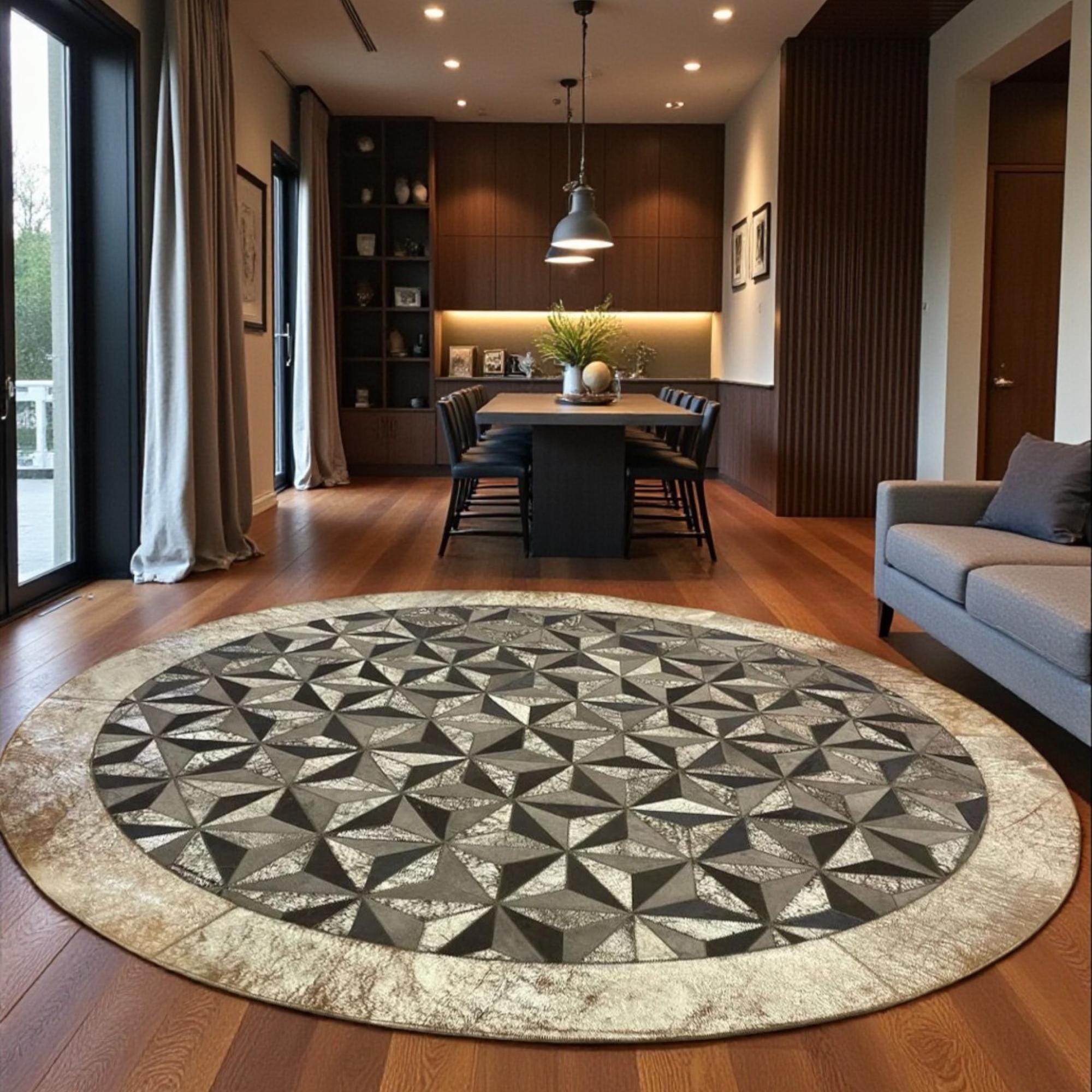 Krem, Gri ve Siyah Tonlarında Yuvarlak Dana Derisi Patchwork Halı