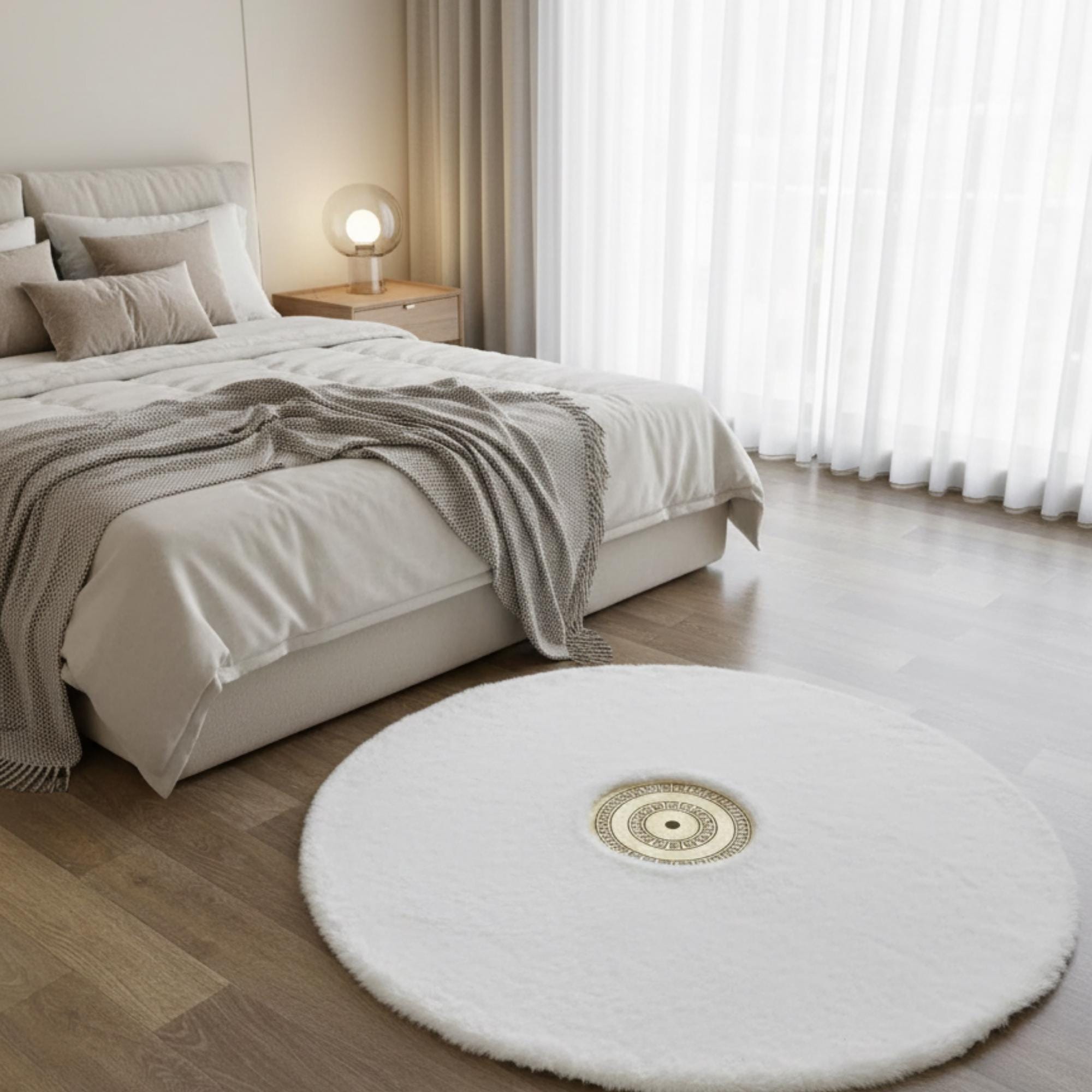 Beyaz Zeminli Merkez Altın Detaylı Yuvarlak Peluş Halı