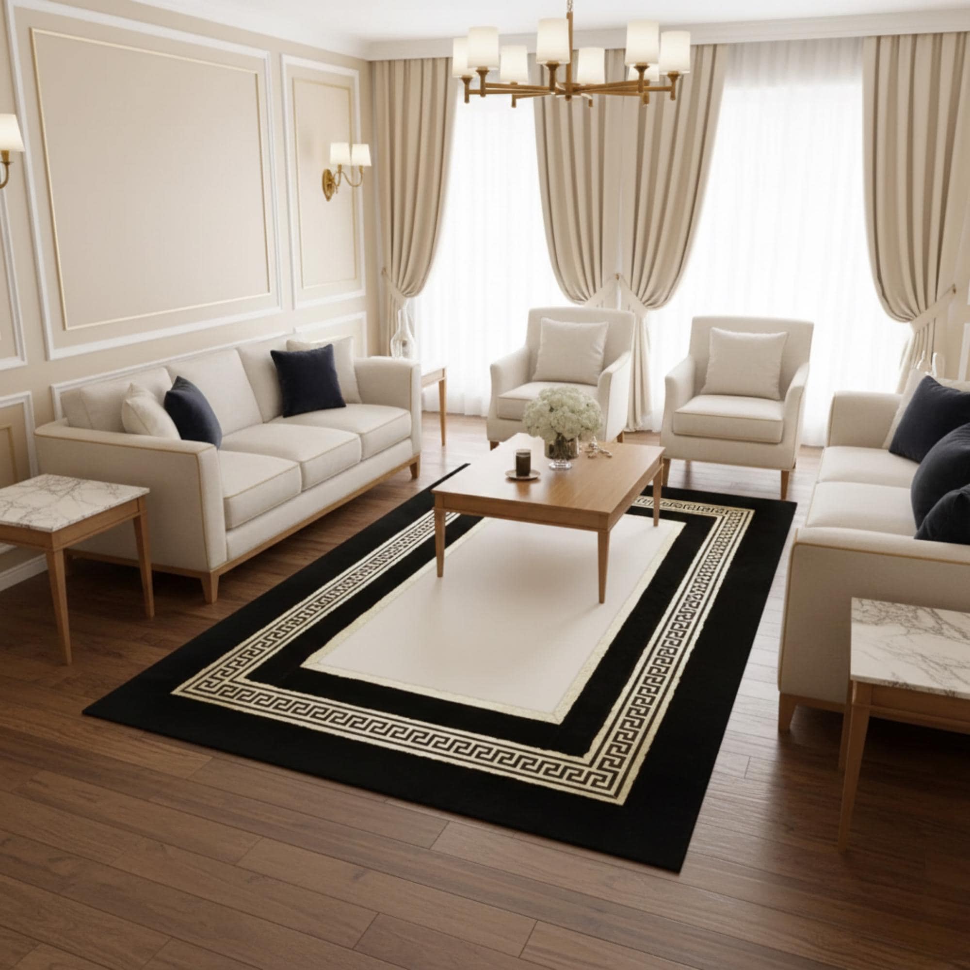 Siyah Zeminli Beyaz Merkezli Altın İnce Bordür Detaylı Peluş Halı