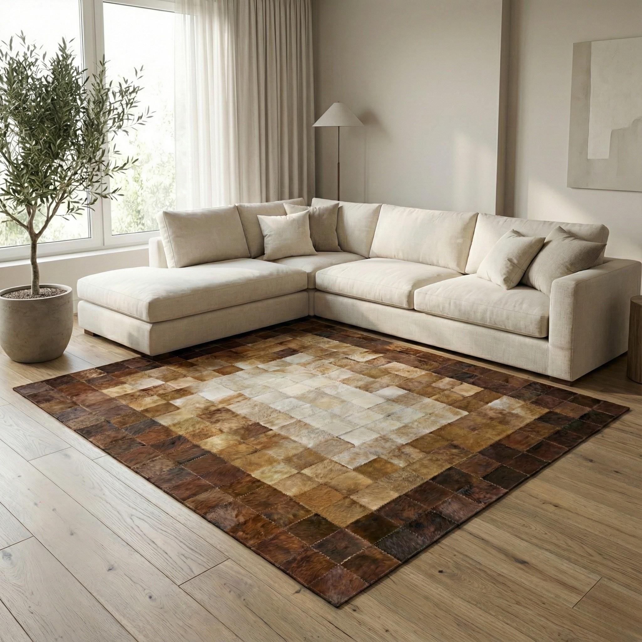 El Yapımı Dana Derisi Patchwork Halı – Kahverengi Tonlu Doğal Deri Dekoratif Halı