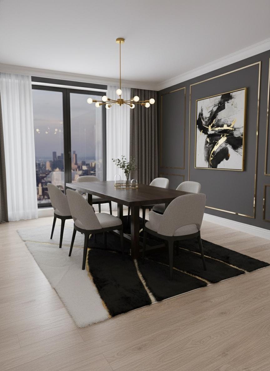 Siyah ve Beyaz Tonlu Altın Çizgi Detaylı Peluş Halı – Yumuşak Dokulu, Modern ve Dekoratif Halı