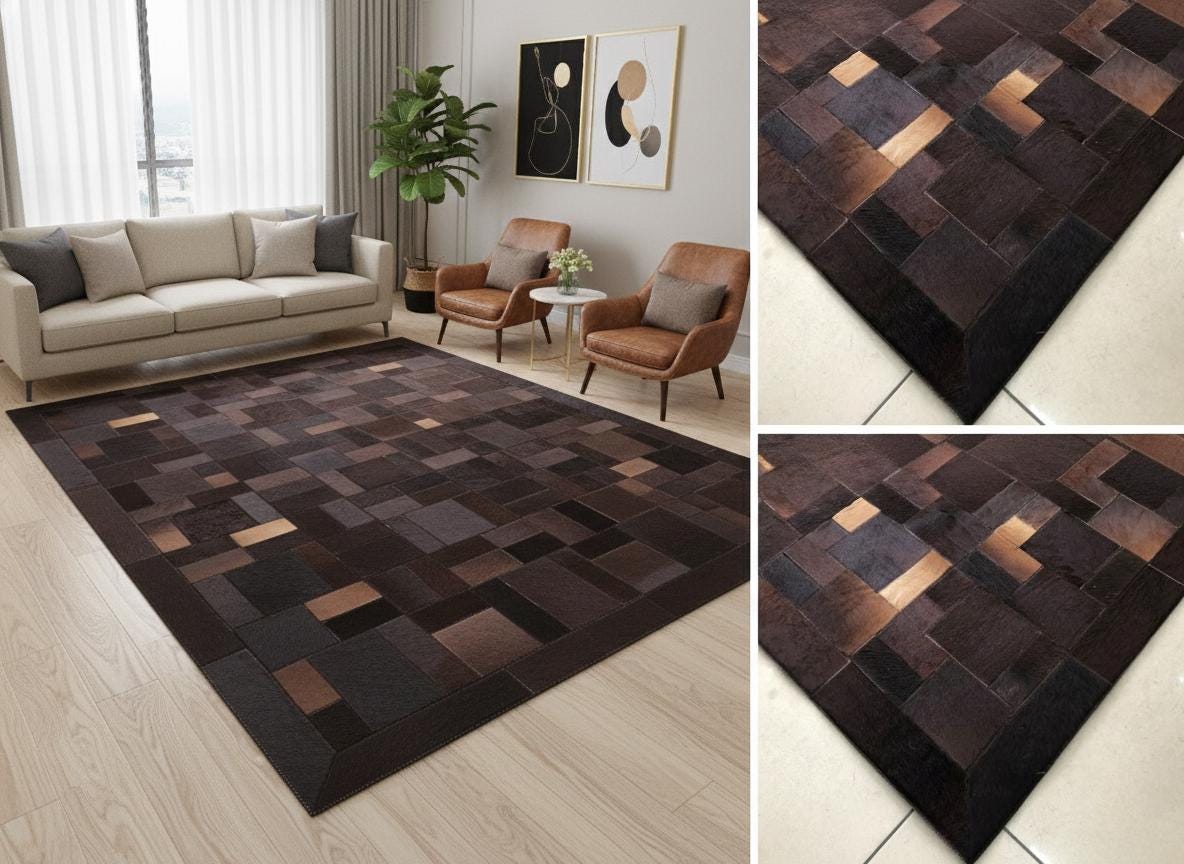Koyu Kahverengi Tonlu Dana Derisi Patchwork Halı – El Yapımı Doğal Deri Dekoratif Halı