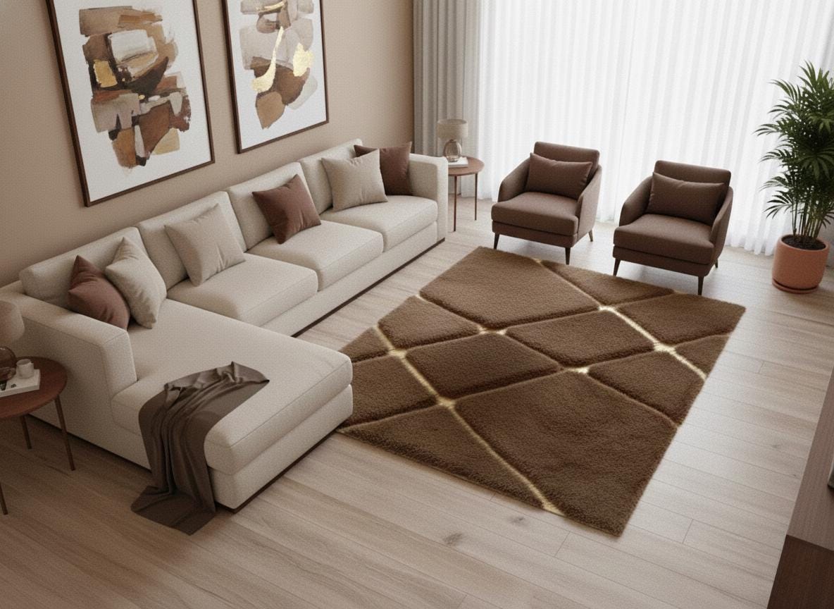 Kahverengi Zeminli Altın Çizgi Detaylı Peluş Halı – Yumuşak Dokulu, Modern