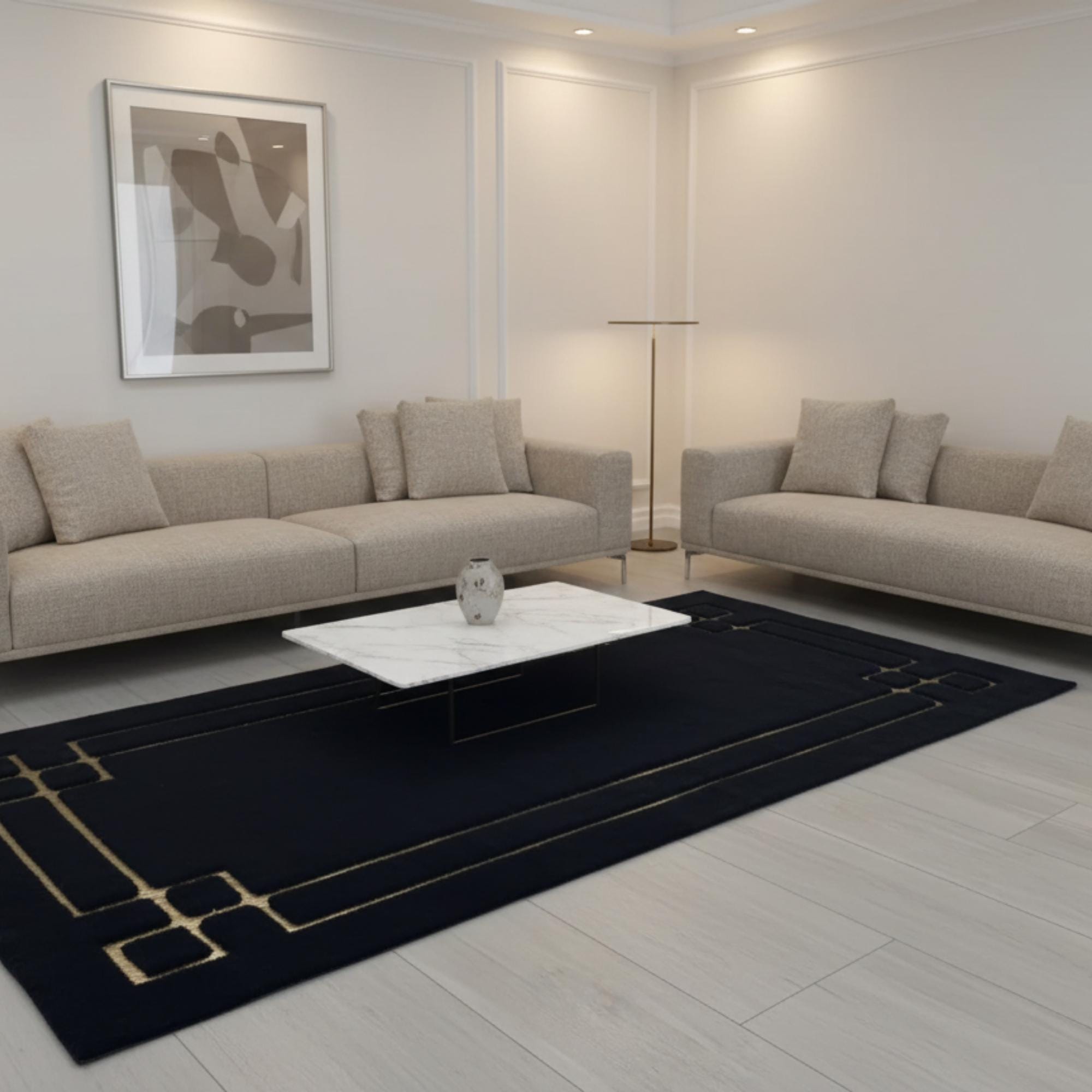 Siyah Zeminli Altın Geometrik Çizgi Detaylı Peluş Runner Halı