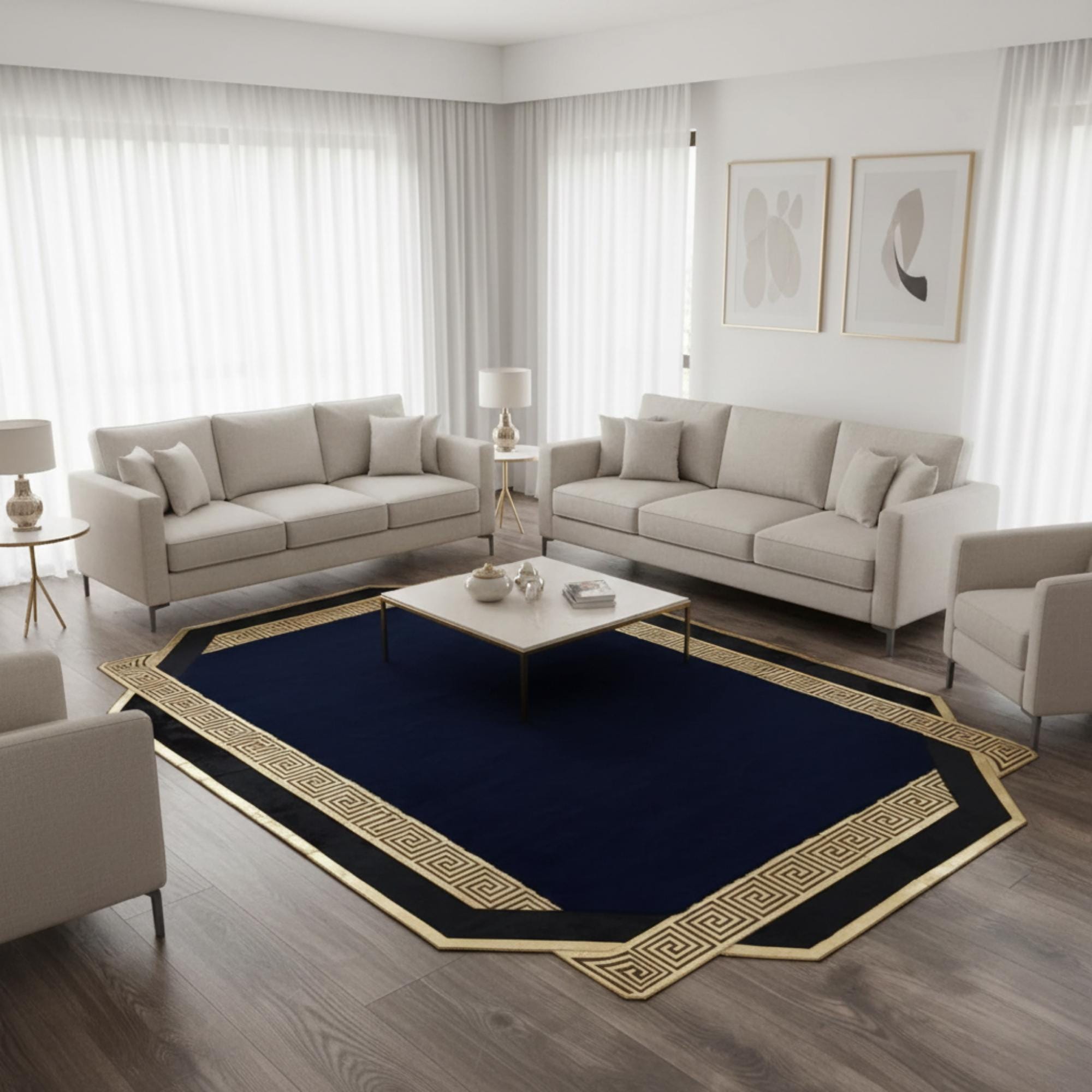 Siyah Zeminli Altın Çizgi Bordürlü Peluş Halı – Yumuşak Dokulu, Şık ve Dekoratif Halı