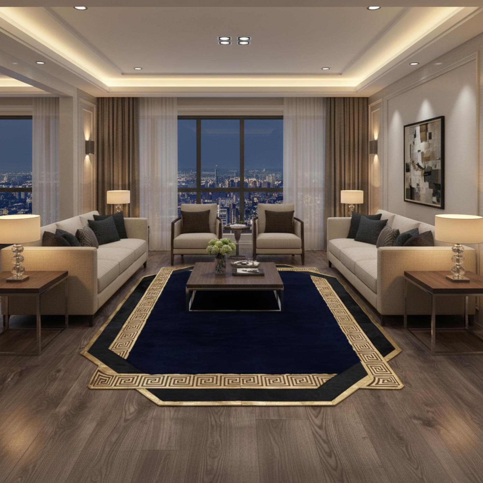 Siyah Zeminli Altın Çizgi Bordürlü Peluş Halı – Yumuşak Dokulu, Şık ve Dekoratif Halı