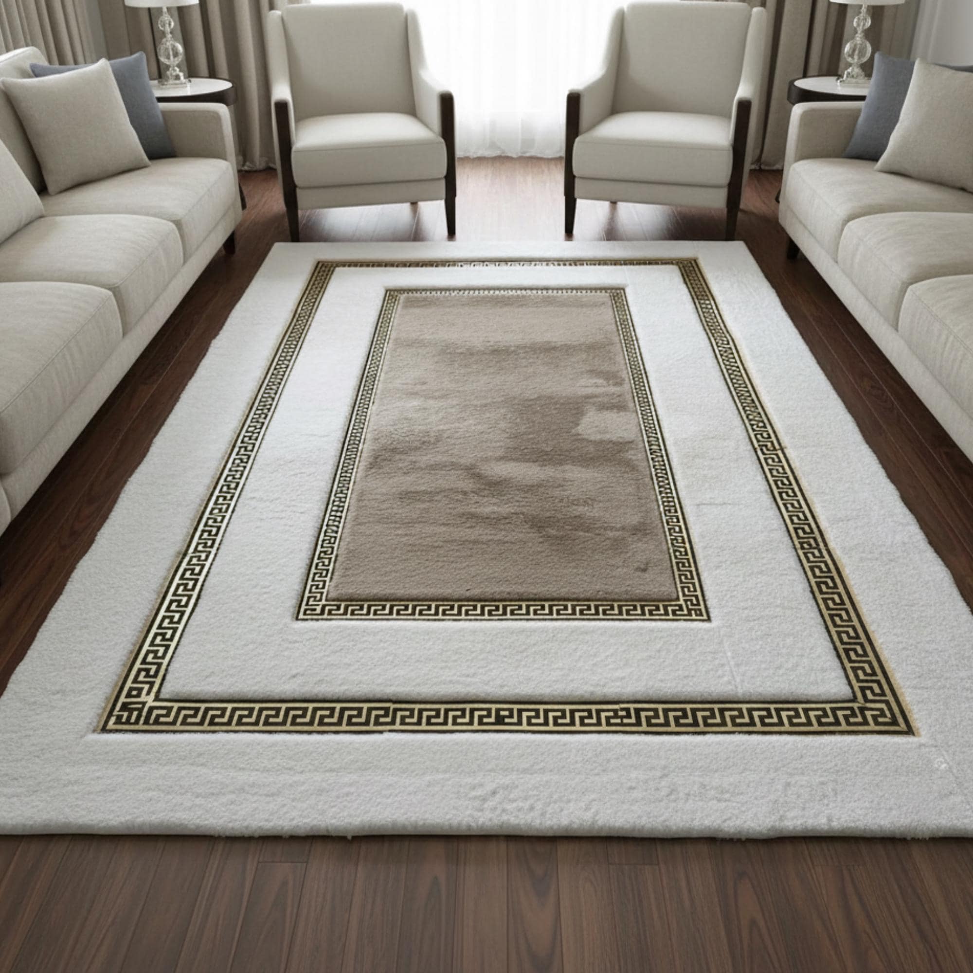 Bej Beyaz Zeminli Altın Çerçeveli Peluş Halı – Yumuşak Dokulu, Şık ve Dekoratif Halı