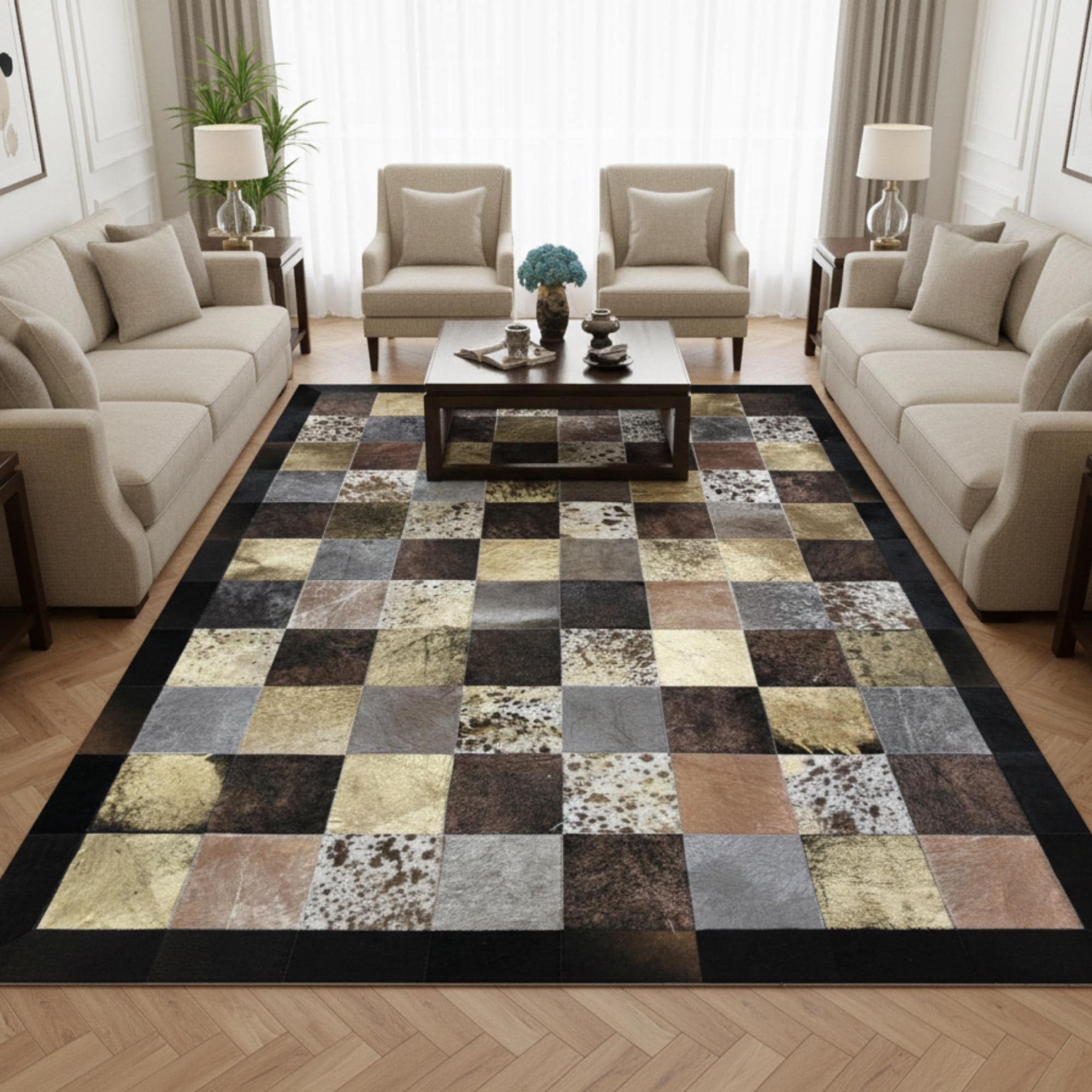 Çok Renkli Kare Desenli Dana Derisi Patchwork Halı – El Yapımı Doğal Deri Dekoratif Halı