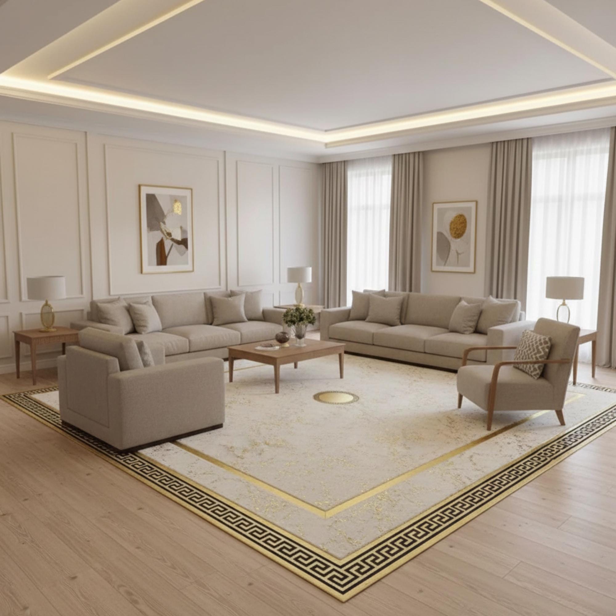 Beyaz Zeminli Merkez Altın Motifli Geniş Çerçeveli Peluş Halı