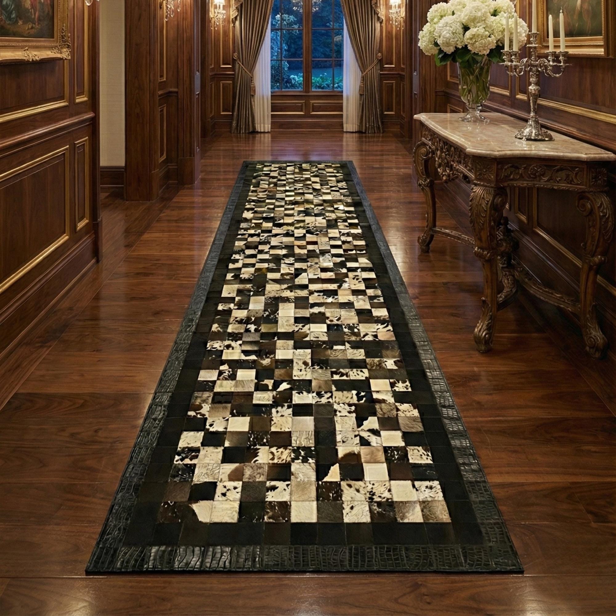 Siyah, Bej ve Kahverengi Tonlu Dana Derisi Patchwork Runner Halı