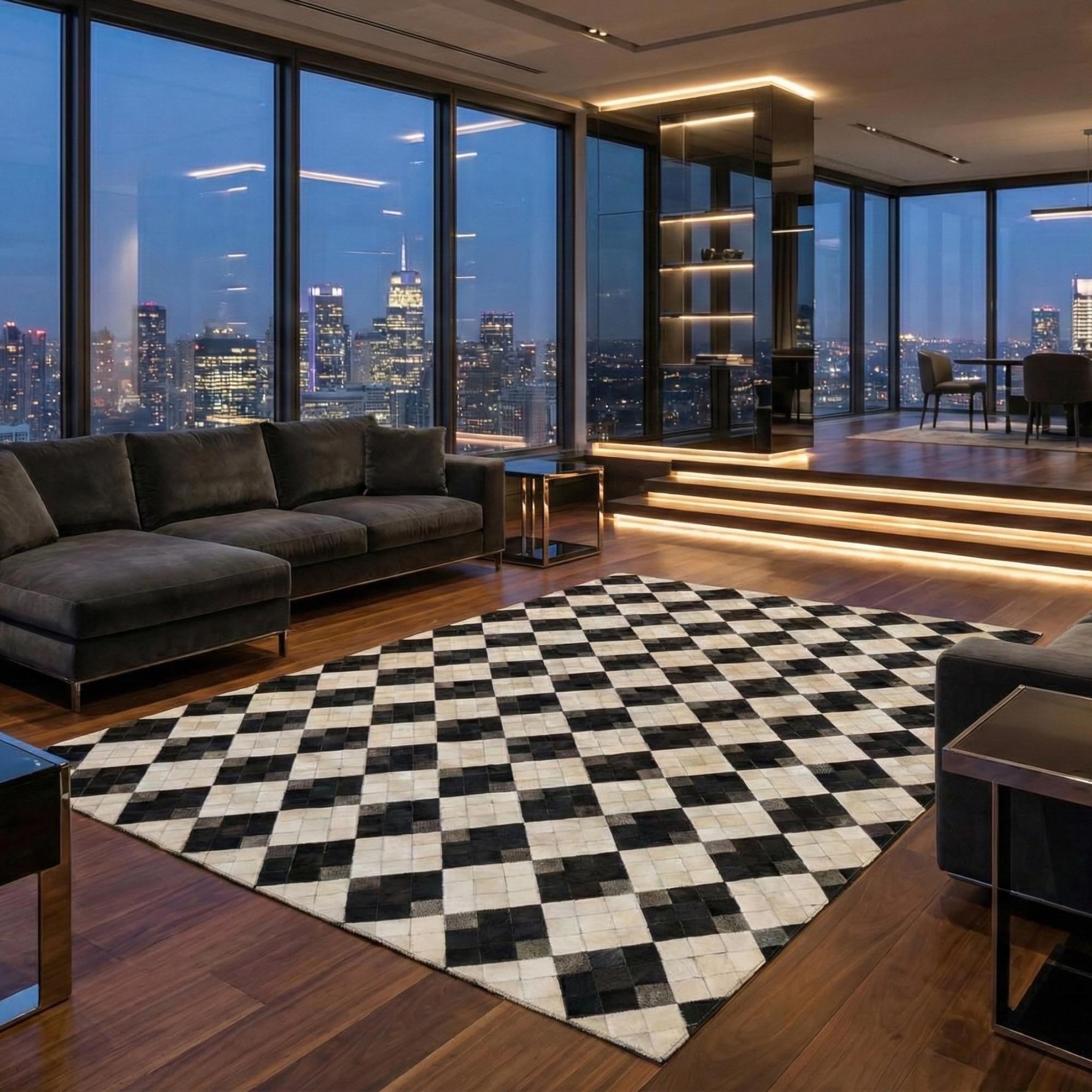 Siyah ve Krem Tonlu Dana Derisi Patchwork Halı – El Yapımı Doğal Deri Dekoratif Halı