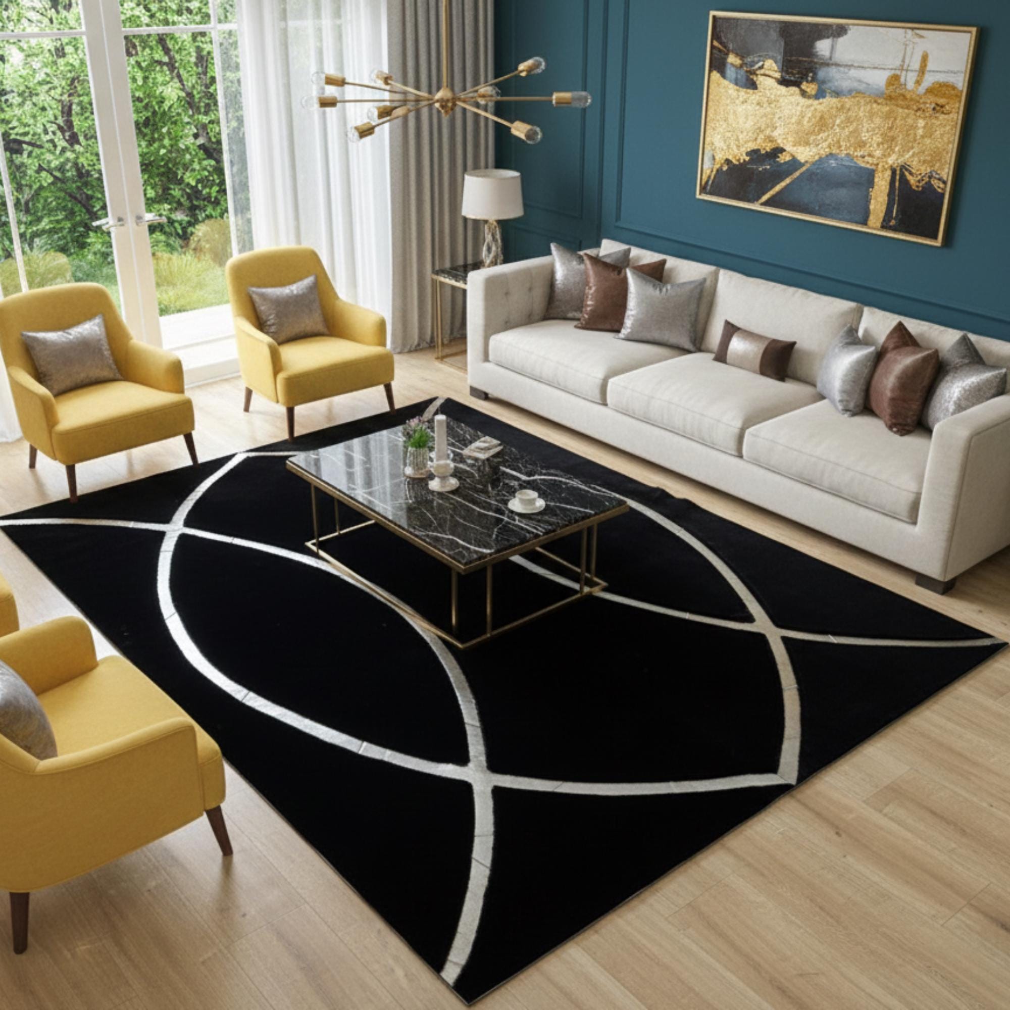 Siyah Zeminli Silver Akıcı Çizgi Desenli Peluş Halı