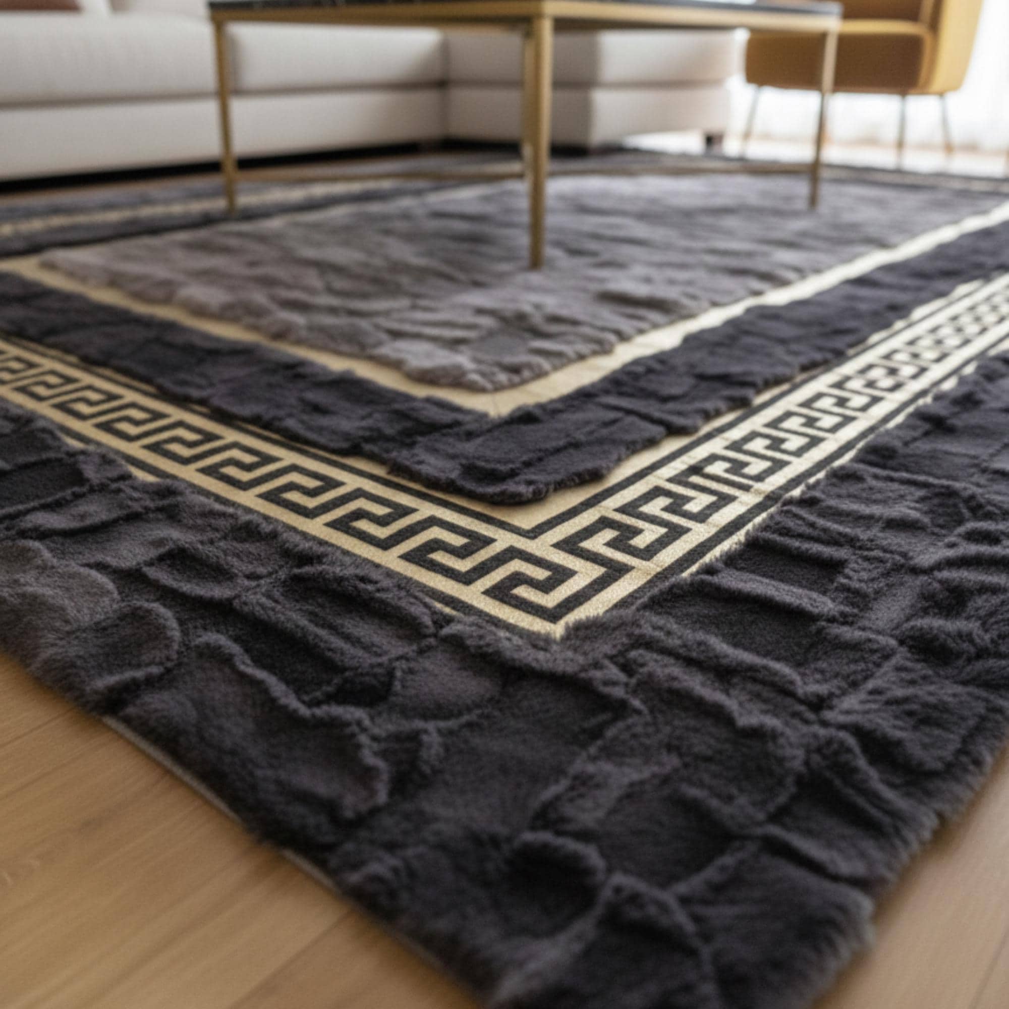 Altın Bordürlü Antrasit Gri Rex Tavşan Kürkü Salon Halısı – Modern ve Lüks Tasarım
