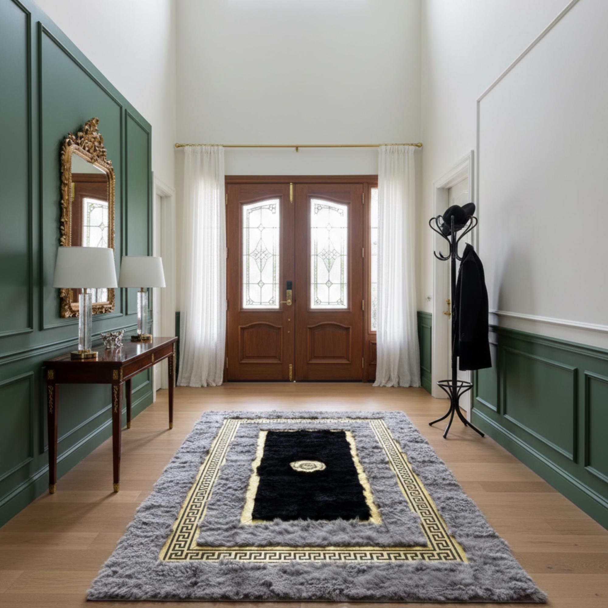 Altın Bordürlü Gri Toscana Kürk Halı – Şık ve Prestijli Salon Tasarımı